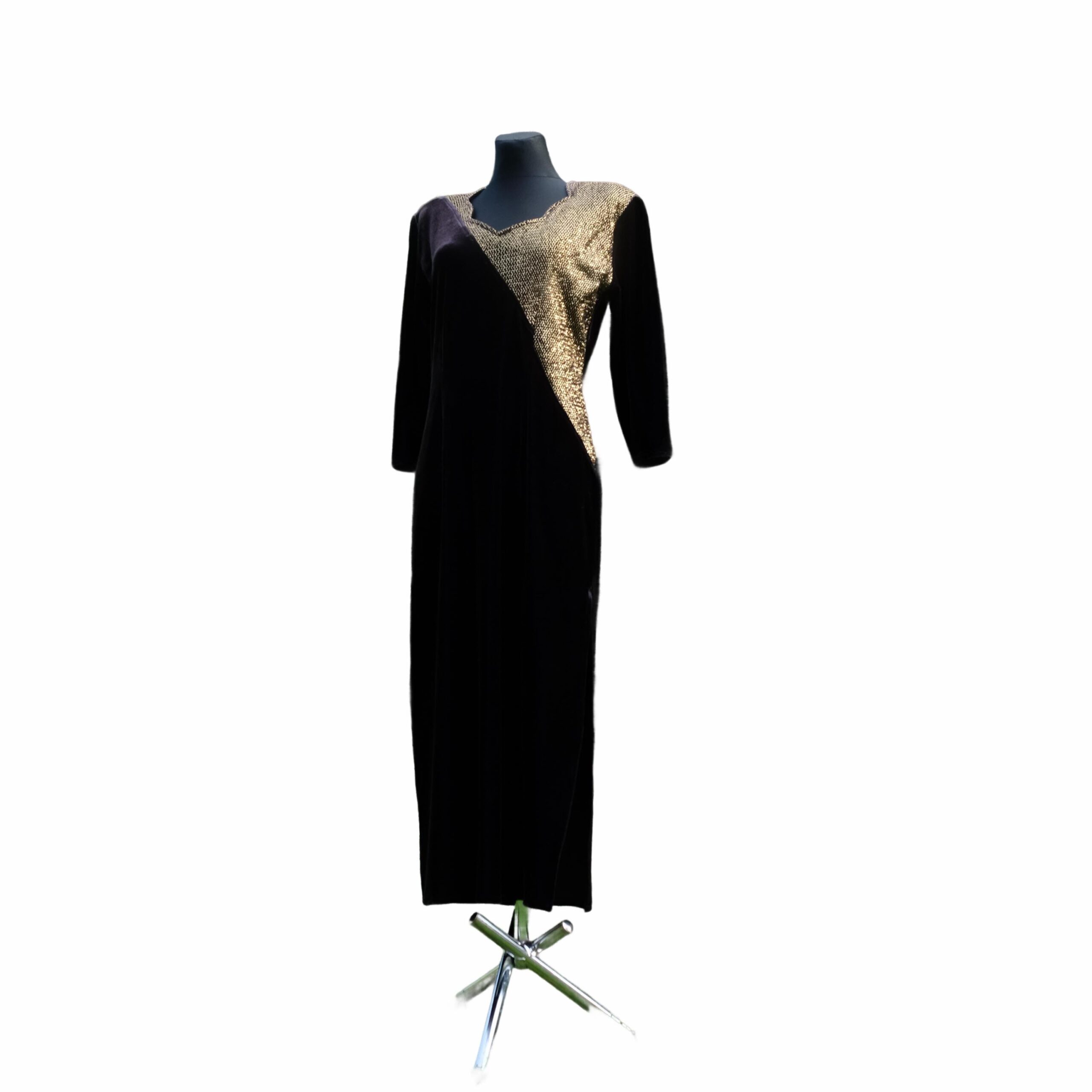 80s Vintage Velvet Prom Dress in Black And Gold, size L - Image 9
