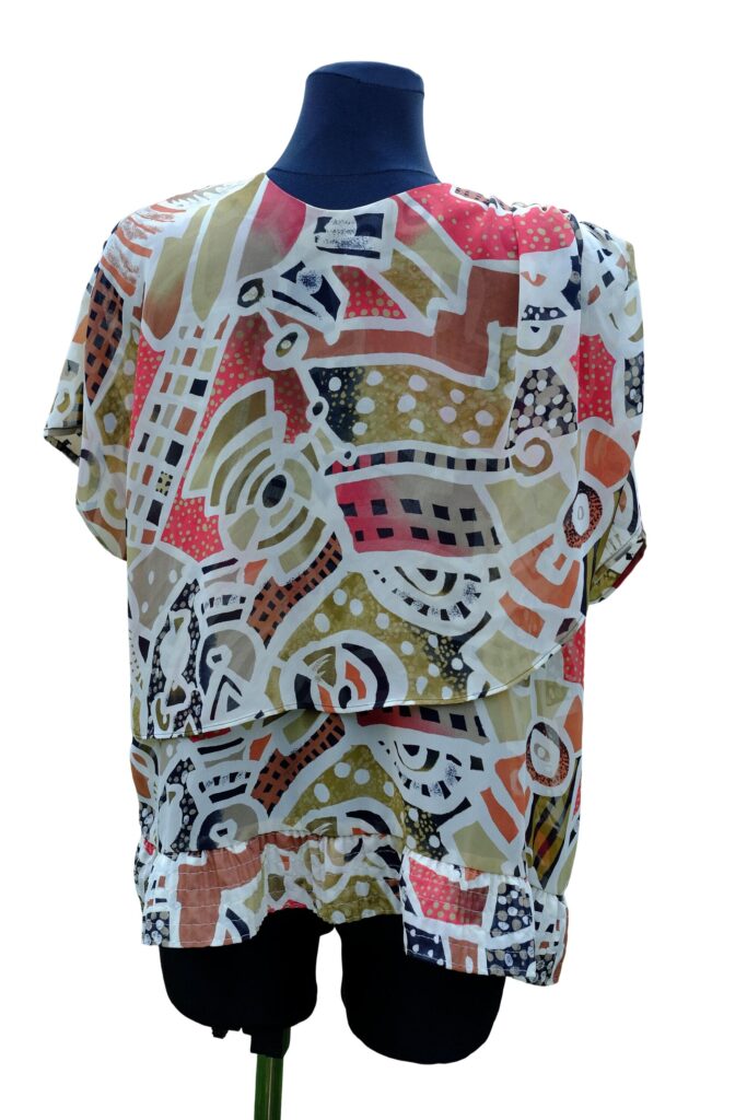 90s Vintage Abstract Geometrical Print Short Sleeve Zip Buttons Blouse
