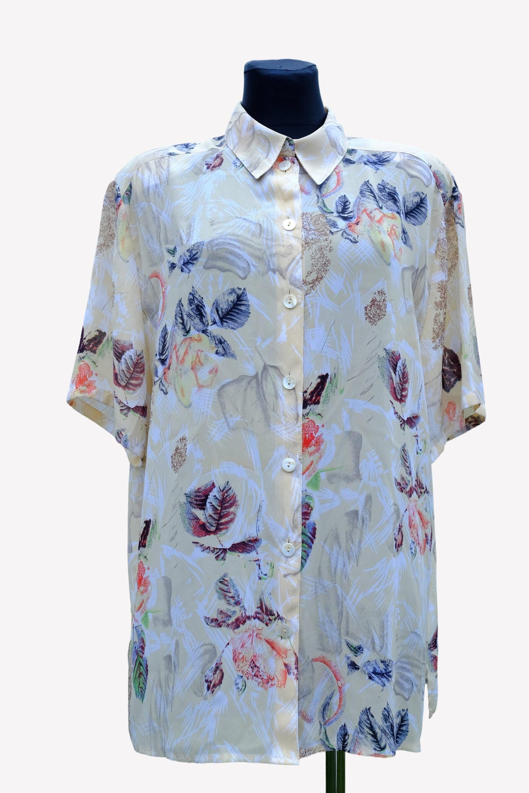 Vintage 90s Floral Bright White Yellow Blue Blouse