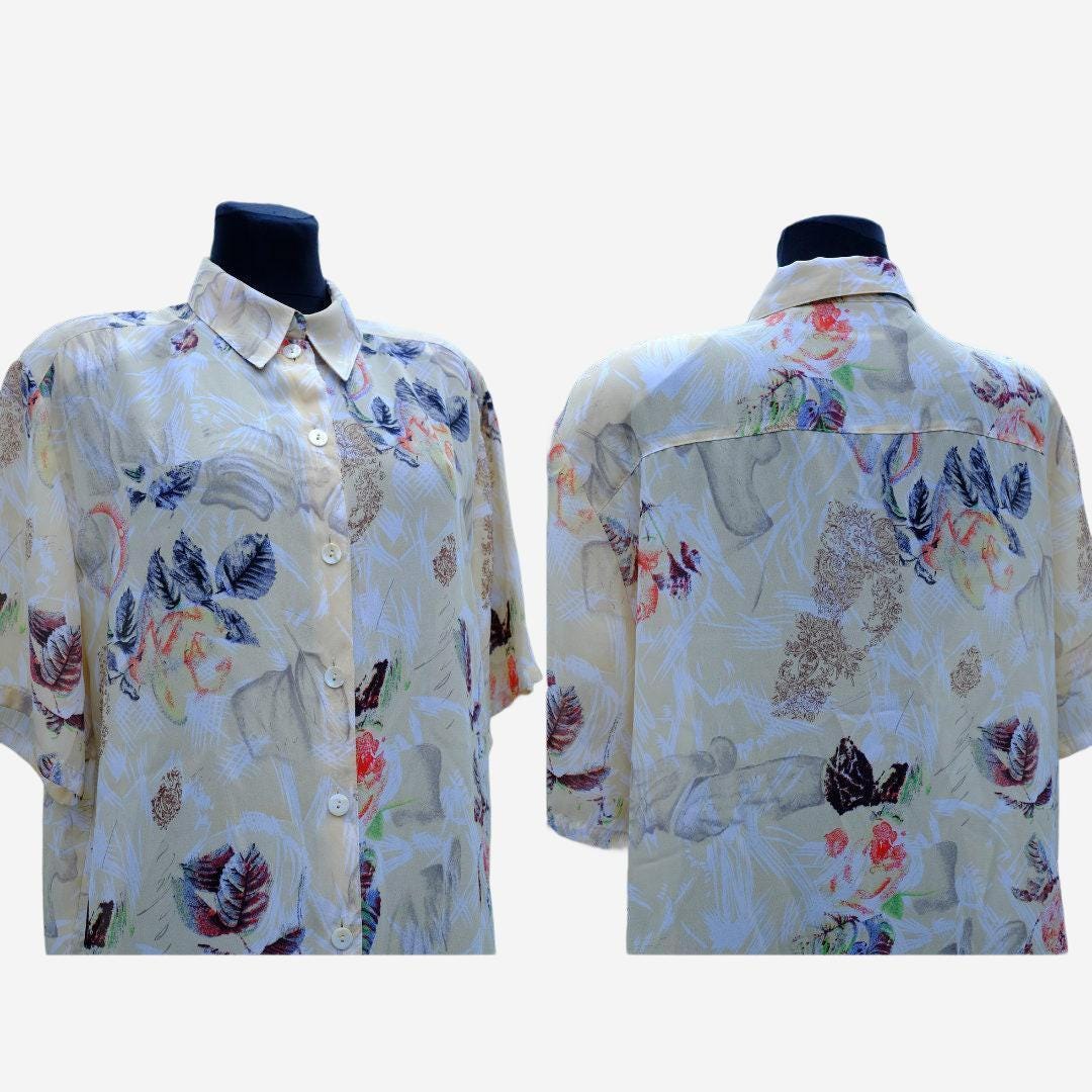 Vintage 90s Floral Bright White Yellow Blue Blouse - Image 2