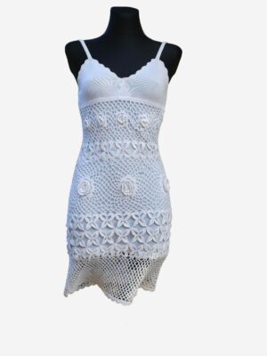 Vintage White Floral Crochet Mini Dress size Small | Hand-knitted dress |