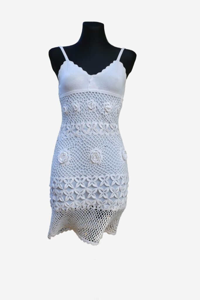 Vintage White Floral Crochet Mini Dress size Small | Hand-knitted dress |