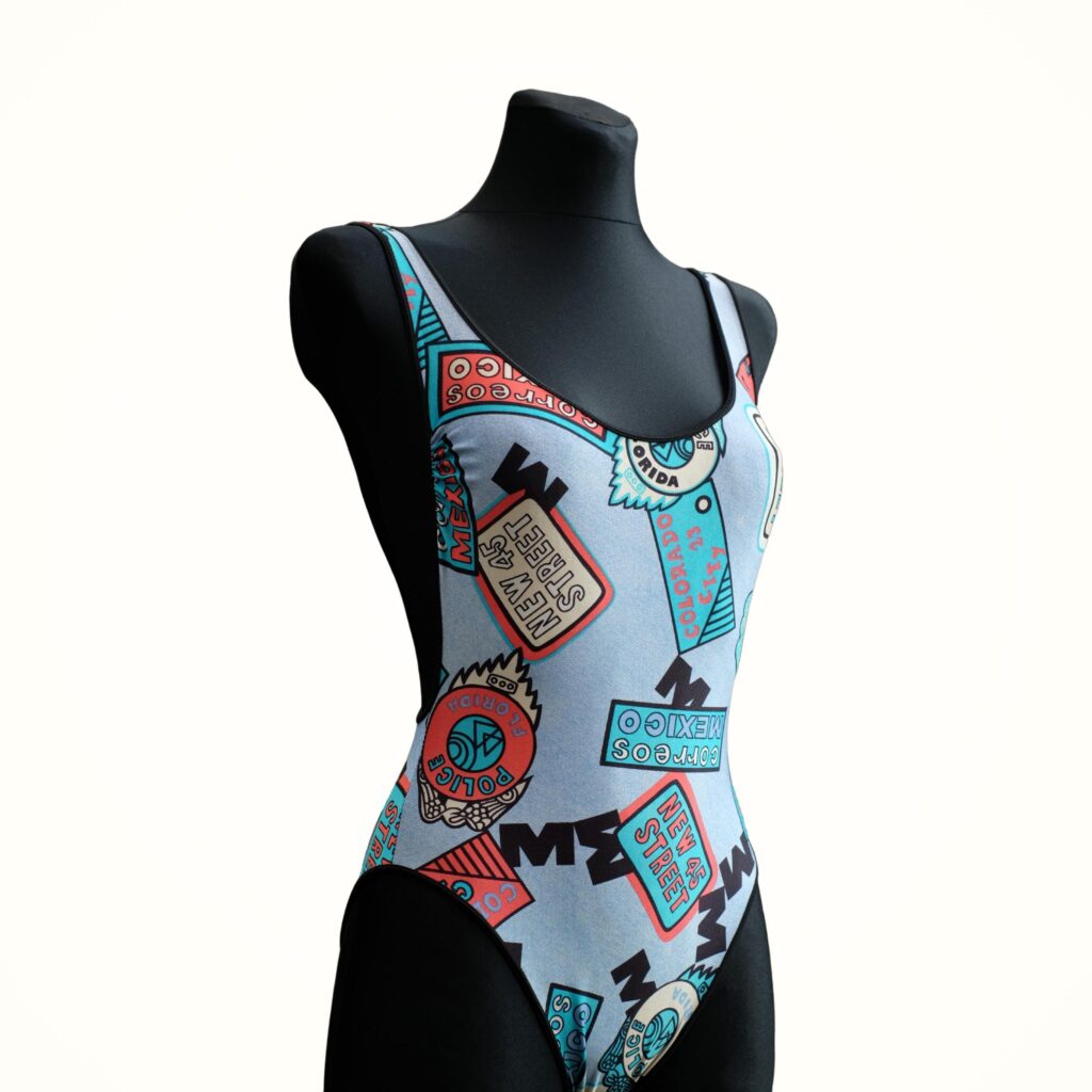 Vintage 80s Open Back  Funky Pattern One piece Swimsuit