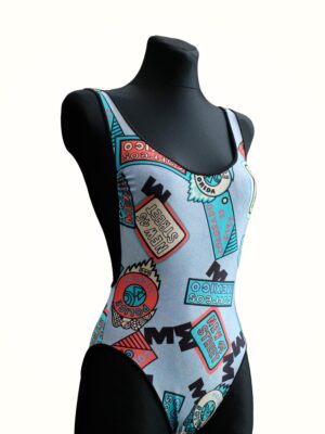 Vintage 80s Open Back Funky Pattern One piece Swimsuit