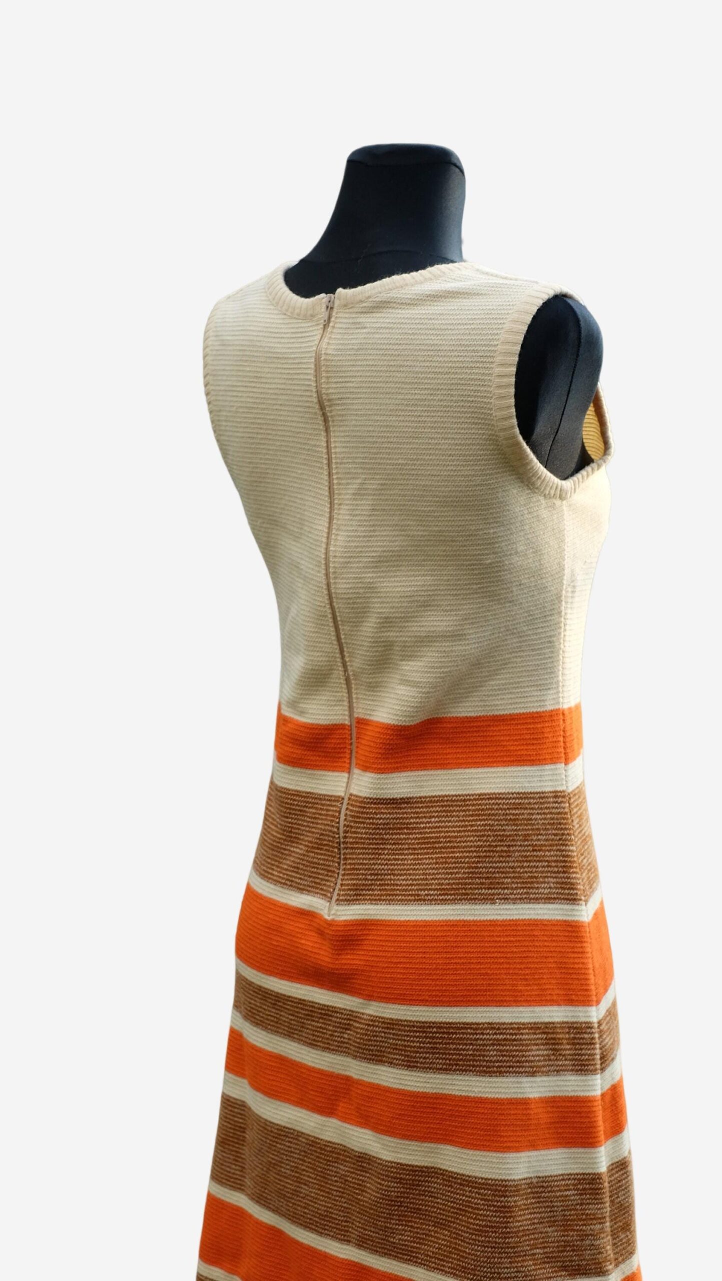 Dress Knitted Mod Vintage 60s, Twiggy Sleeveless Dress, Striped Dress in Orange Brown and White, Winter Dress - Image 3