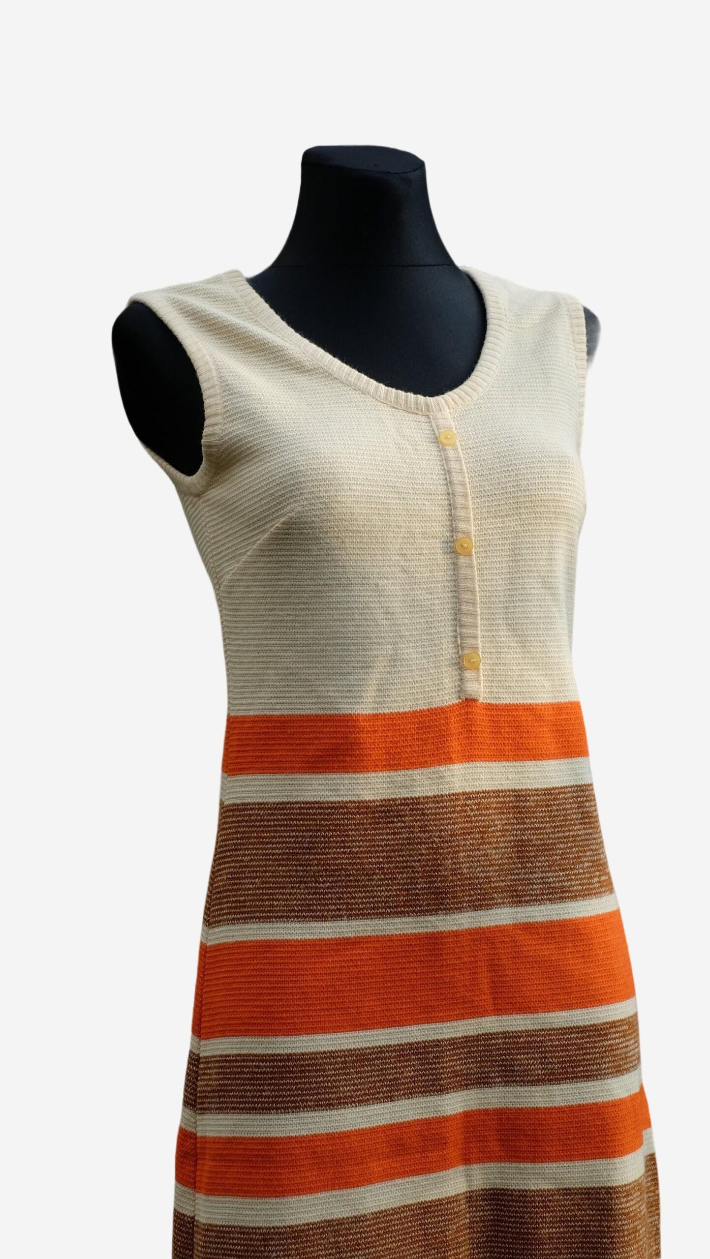 Dress Knitted Mod Vintage 60s, Twiggy Sleeveless Dress, Striped Dress in Orange Brown and White, Winter Dress - Image 5