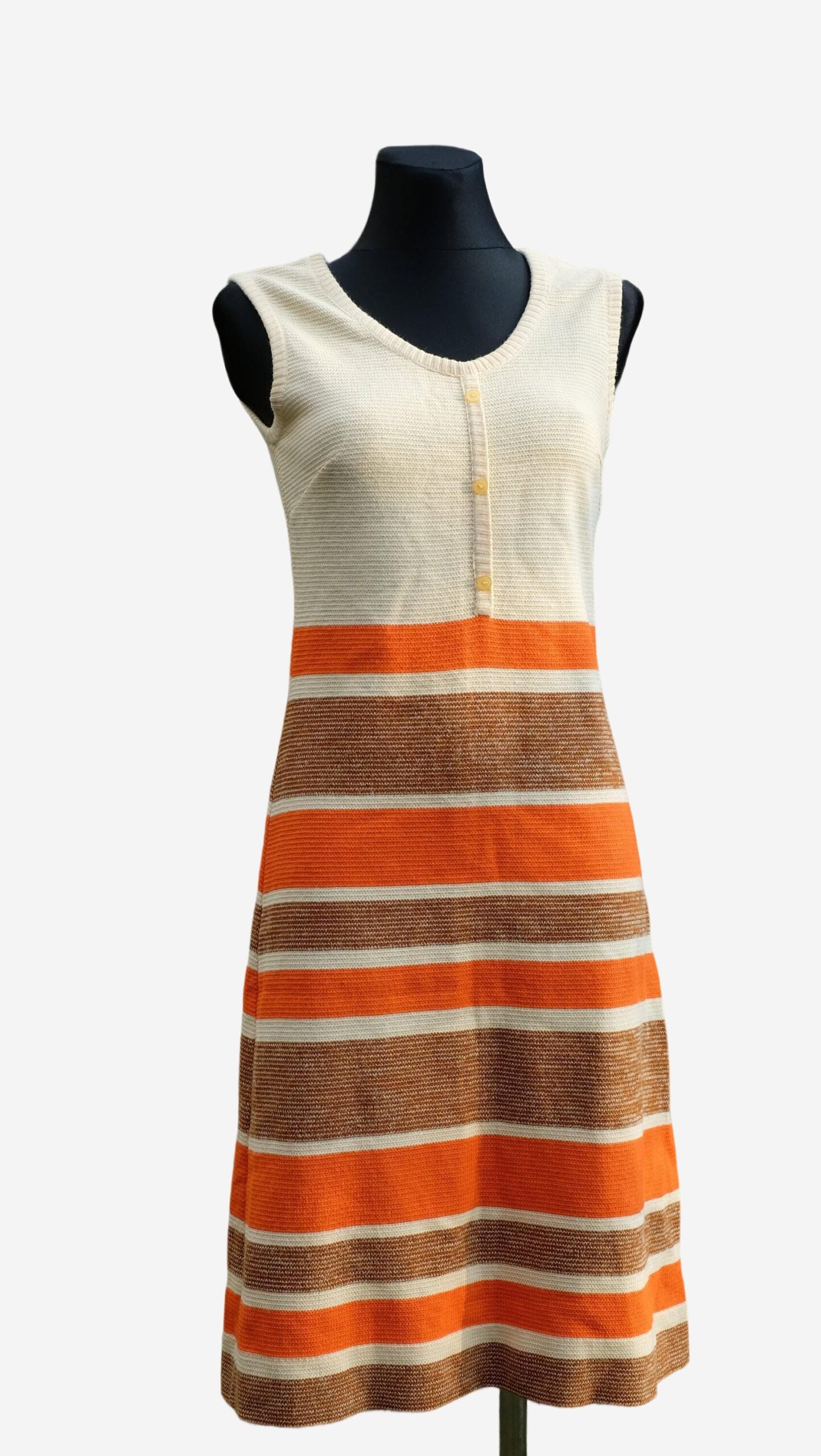 Dress Knitted Mod Vintage 60s, Twiggy Sleeveless Dress, Striped Dress in Orange Brown and White, Winter Dress - Image 7