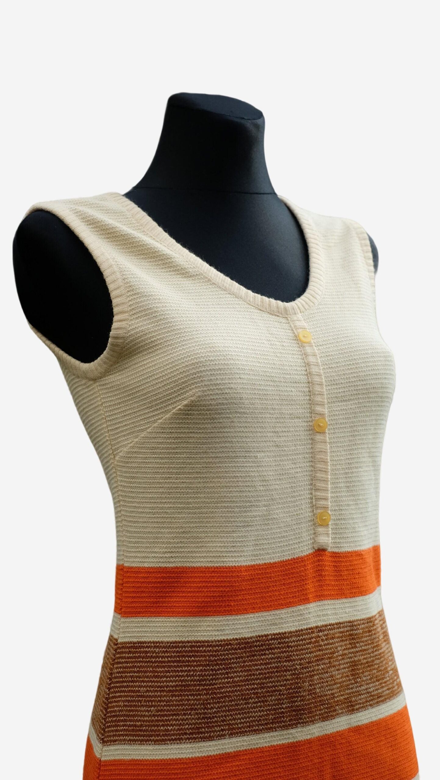 Dress Knitted Mod Vintage 60s, Twiggy Sleeveless Dress, Striped Dress in Orange Brown and White, Winter Dress - Image 8