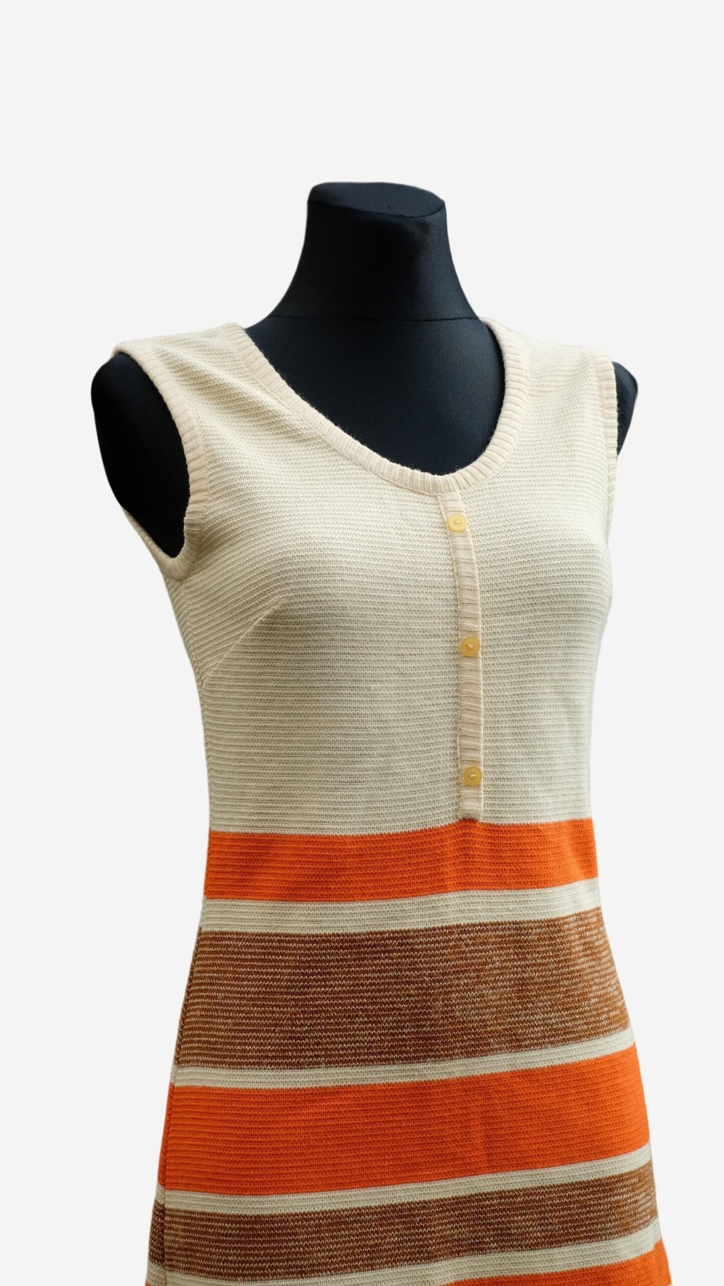 Dress Knitted Mod Vintage 60s, Twiggy Sleeveless Dress, Striped Dress in Orange Brown and White, Winter Dress - Image 9