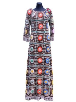 Vintage Festival Dress, Handmade Hippie Crochet Granny Square Maxi Boho Hippie Dress S-XL