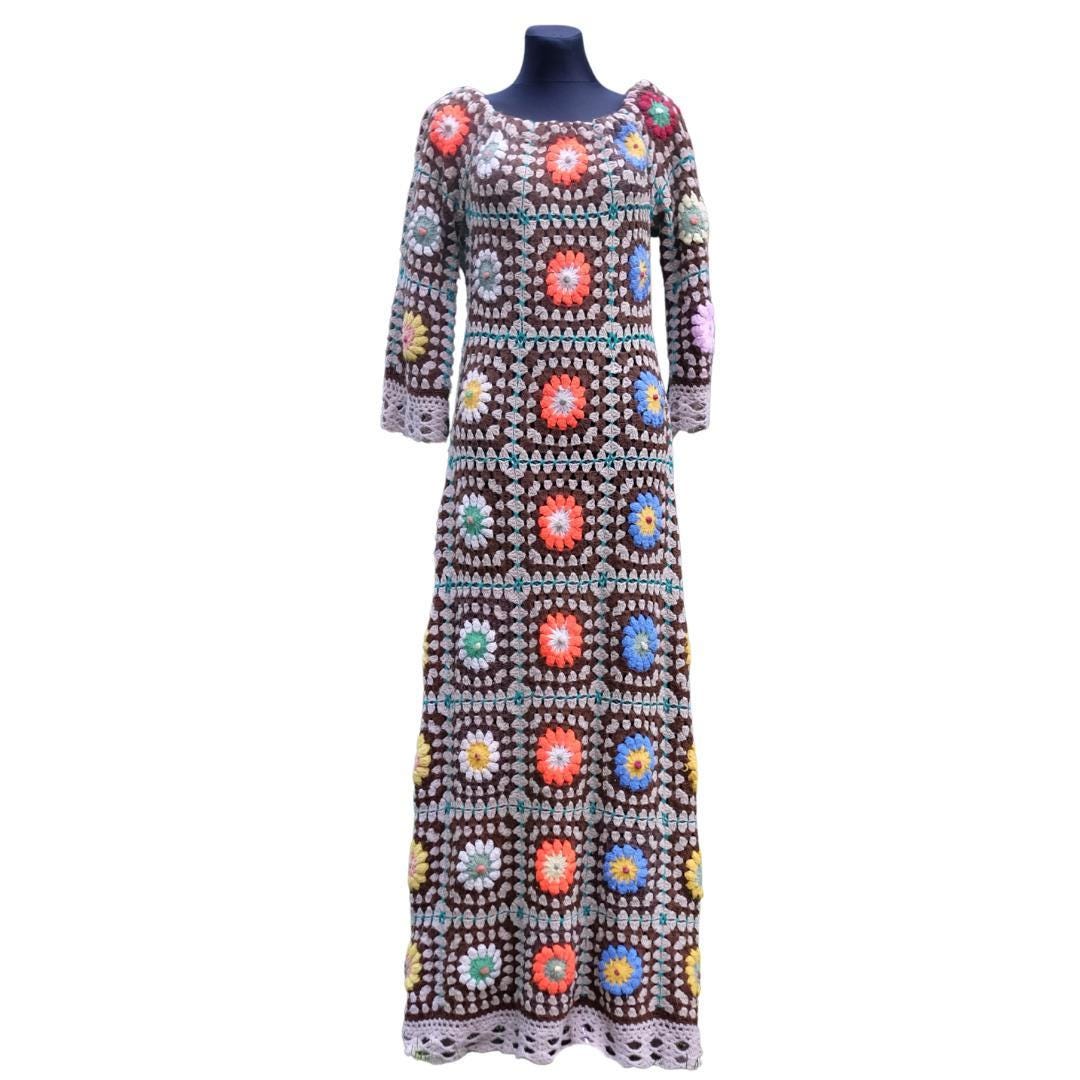 Vintage Festival Dress, Handmade Hippie Crochet Granny Square Maxi Boho Hippie Dress S-XL
