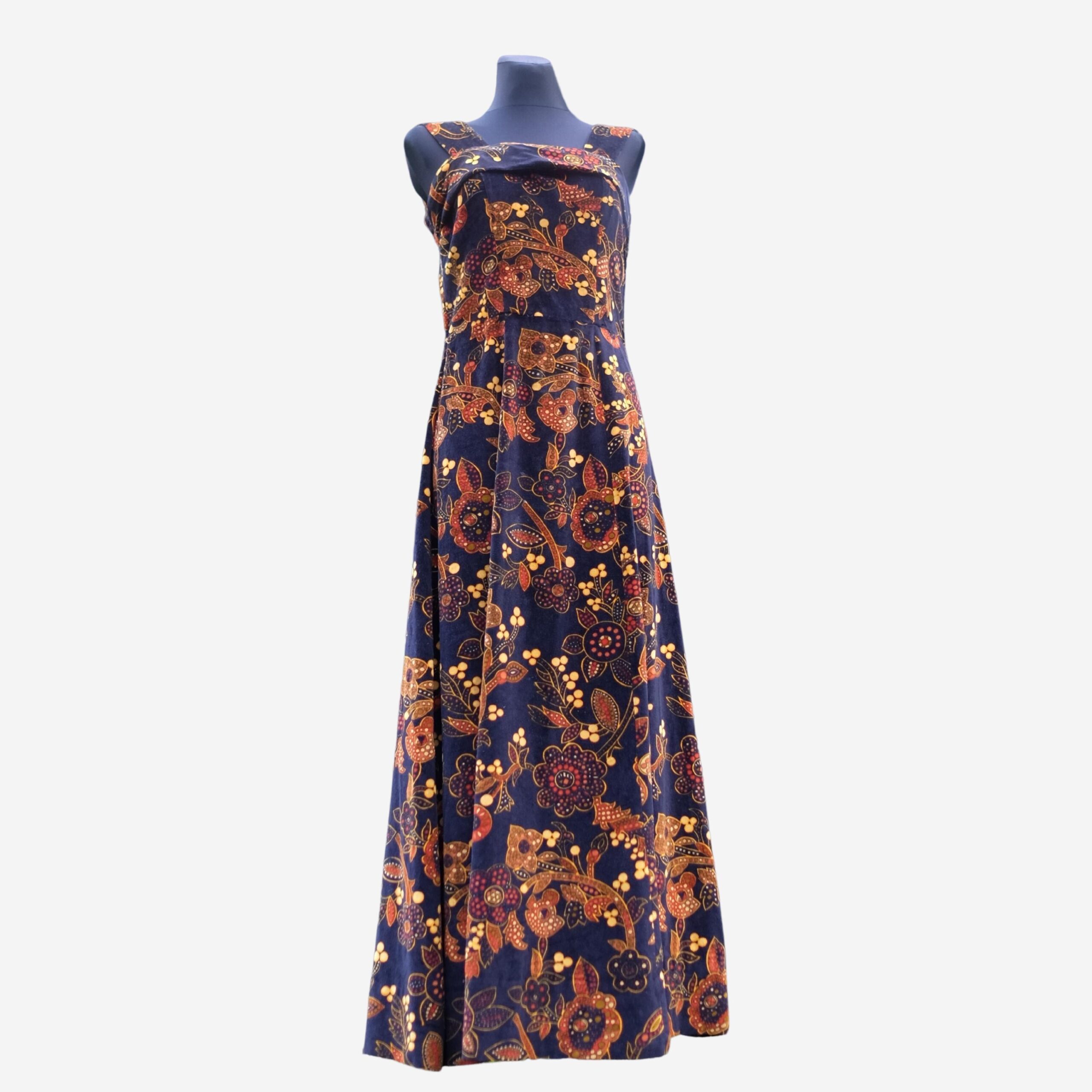 Vintage Blue Yellow Floral Velvet Maxi Hippie Dress with a Matching Purse S-M
