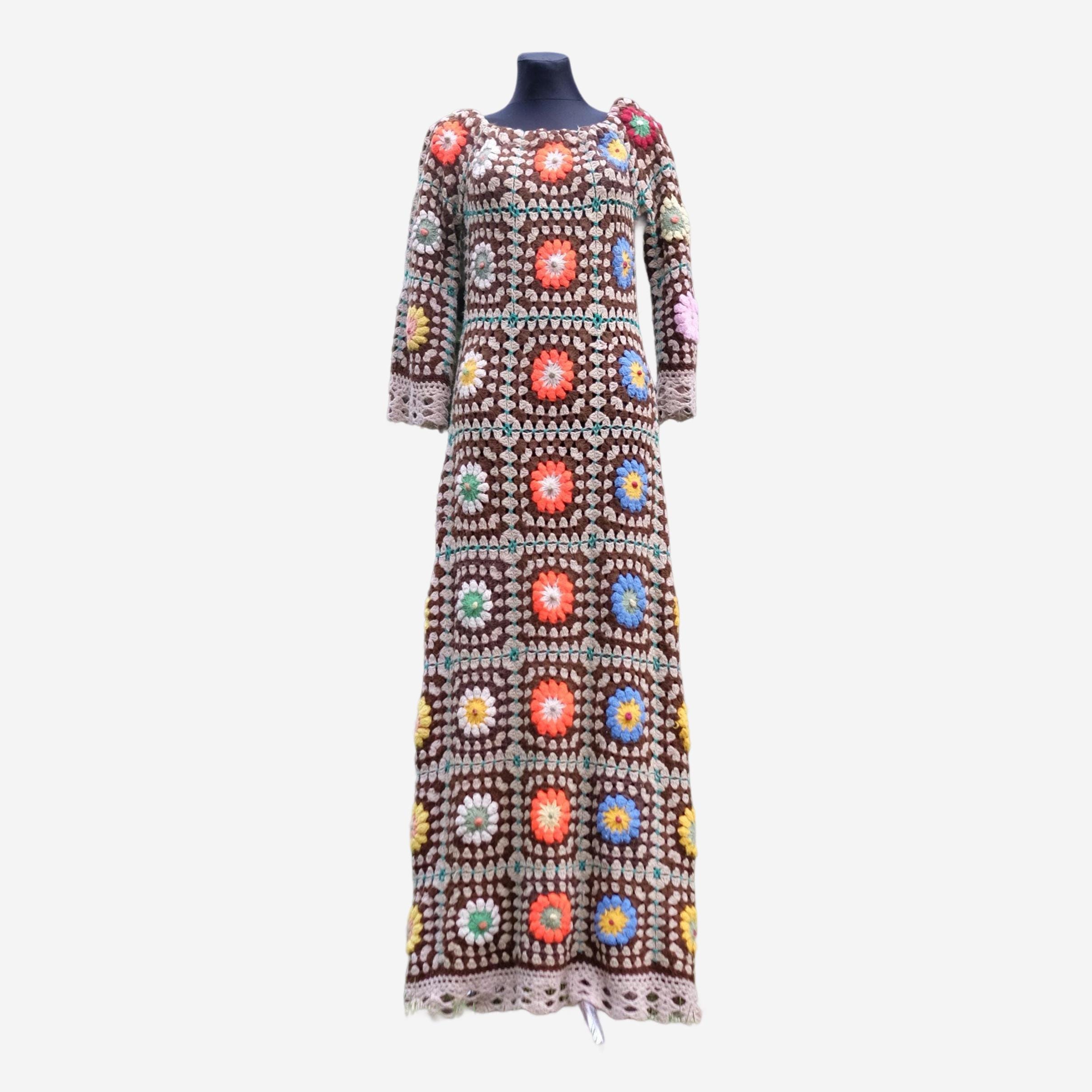 Vintage Festival Dress, Handmade Hippie Crochet Granny Square Maxi Boho Hippie Dress S-XL - Image 2
