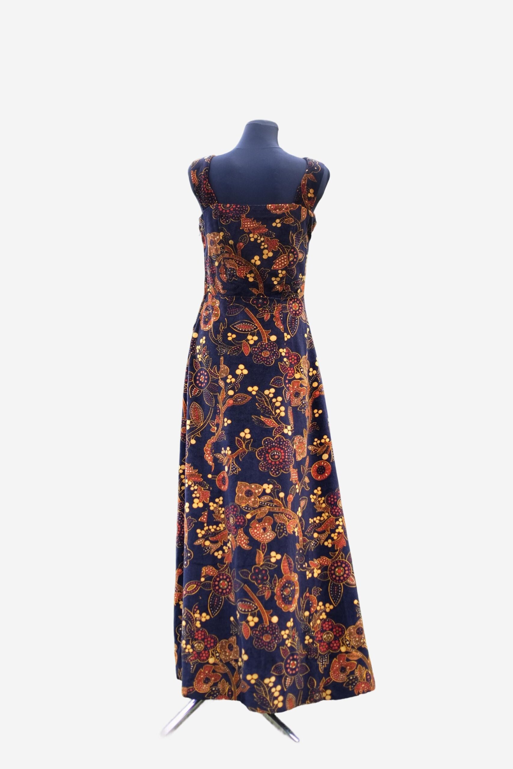 Vintage Blue Yellow Floral Velvet Maxi Hippie Dress with a Matching Purse S-M - Image 3
