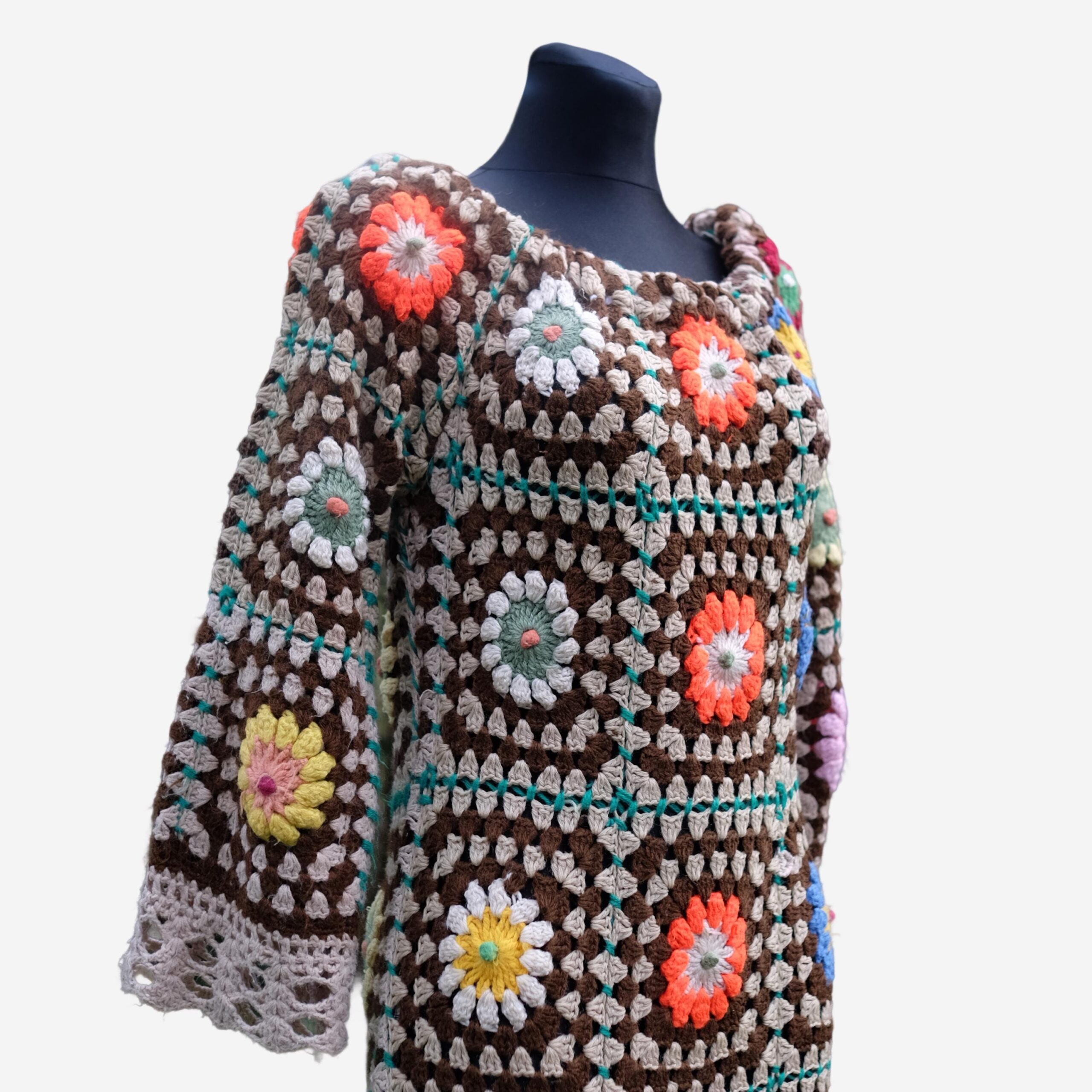 Vintage Festival Dress, Handmade Hippie Crochet Granny Square Maxi Boho Hippie Dress S-XL - Image 10