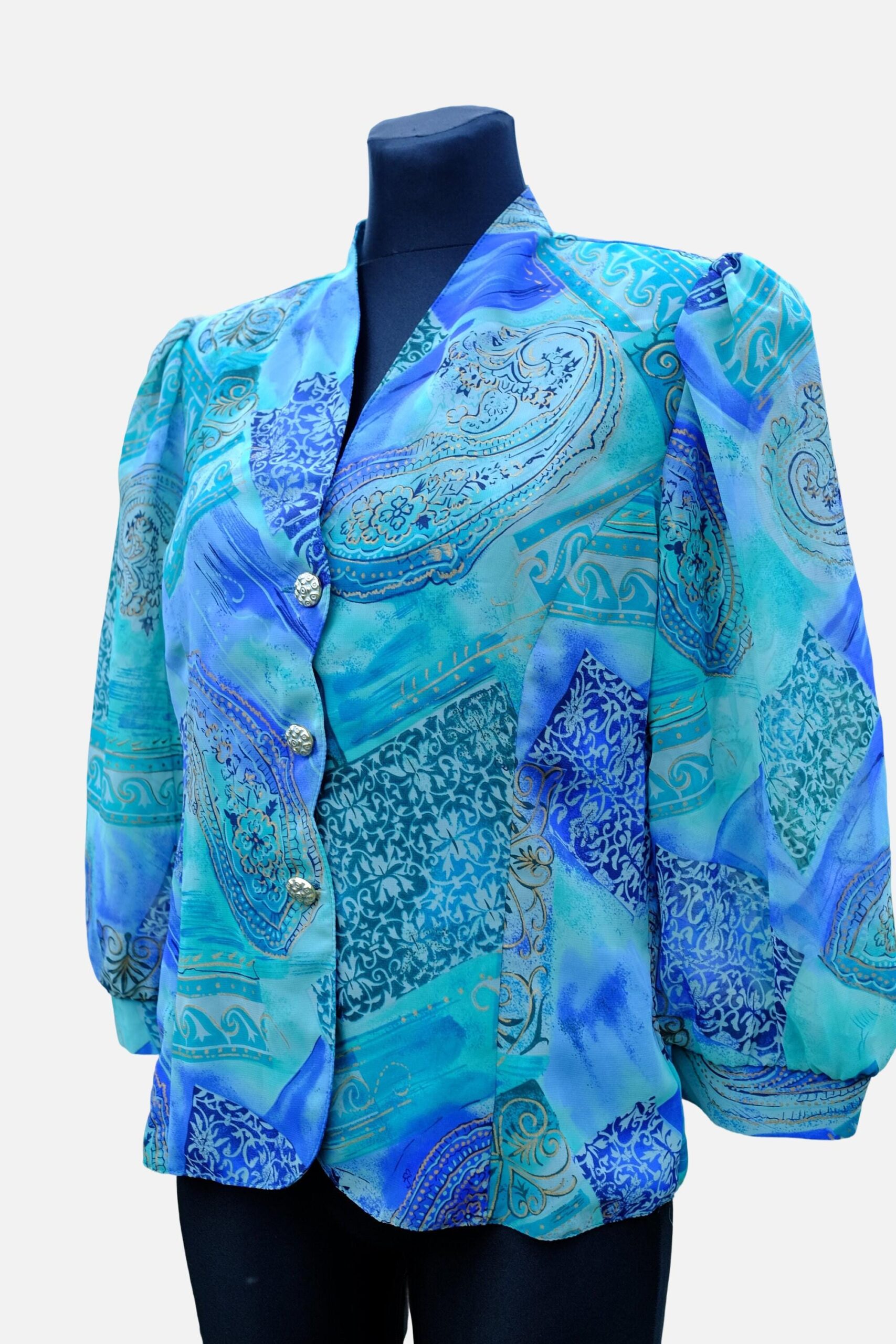 Vintage 90s Blue Paisley Long Balloon Sleeved Blouse - Image 5