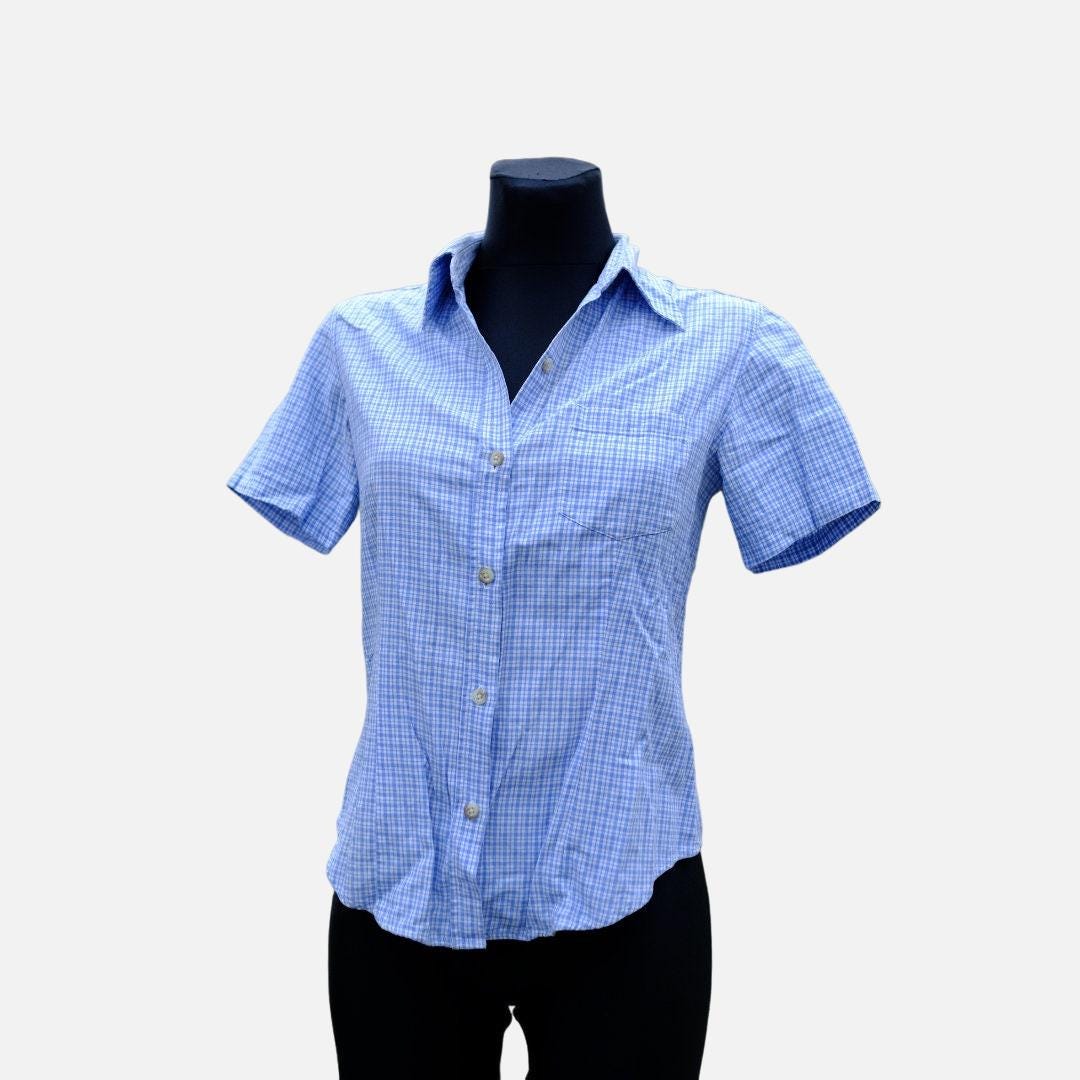Vintage 90s Checked Shirt, Blue White Short Sleeved Blouse