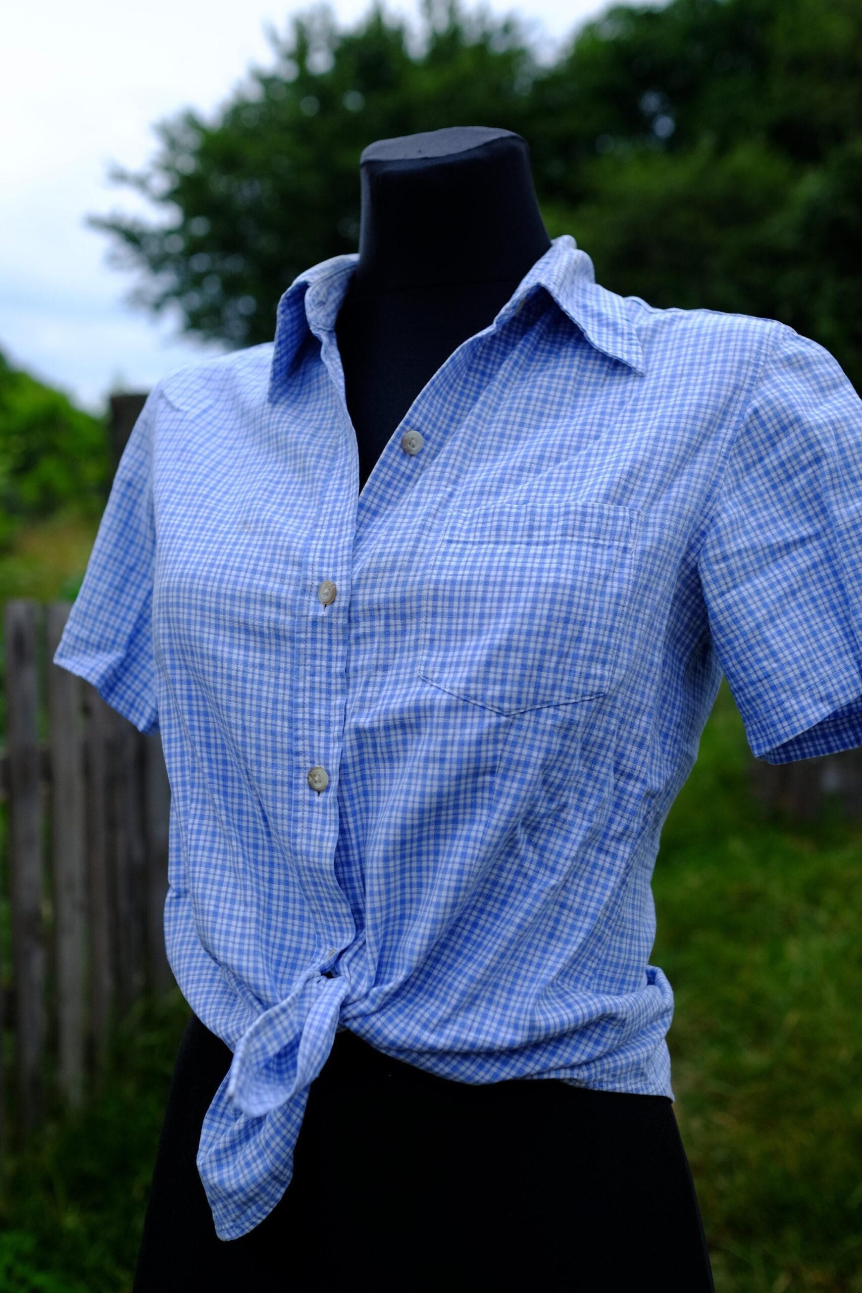 Vintage 90s Checked Shirt, Blue White Short Sleeved Blouse - Image 9