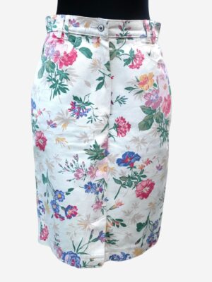Vintage Floral Cream Denim Midi Pencil Skirt, EU38