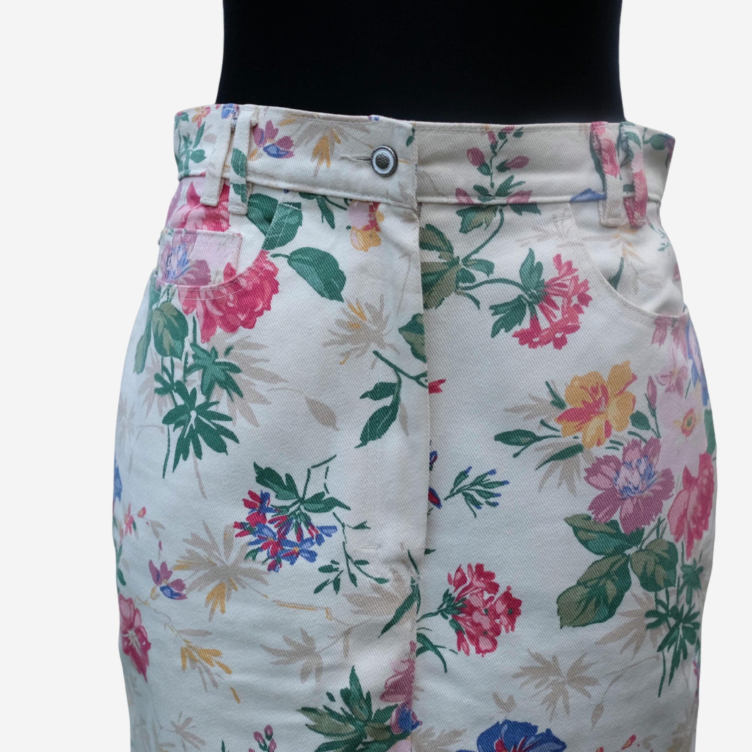 Vintage Floral Cream Denim Midi Pencil Skirt, EU38 - Image 2