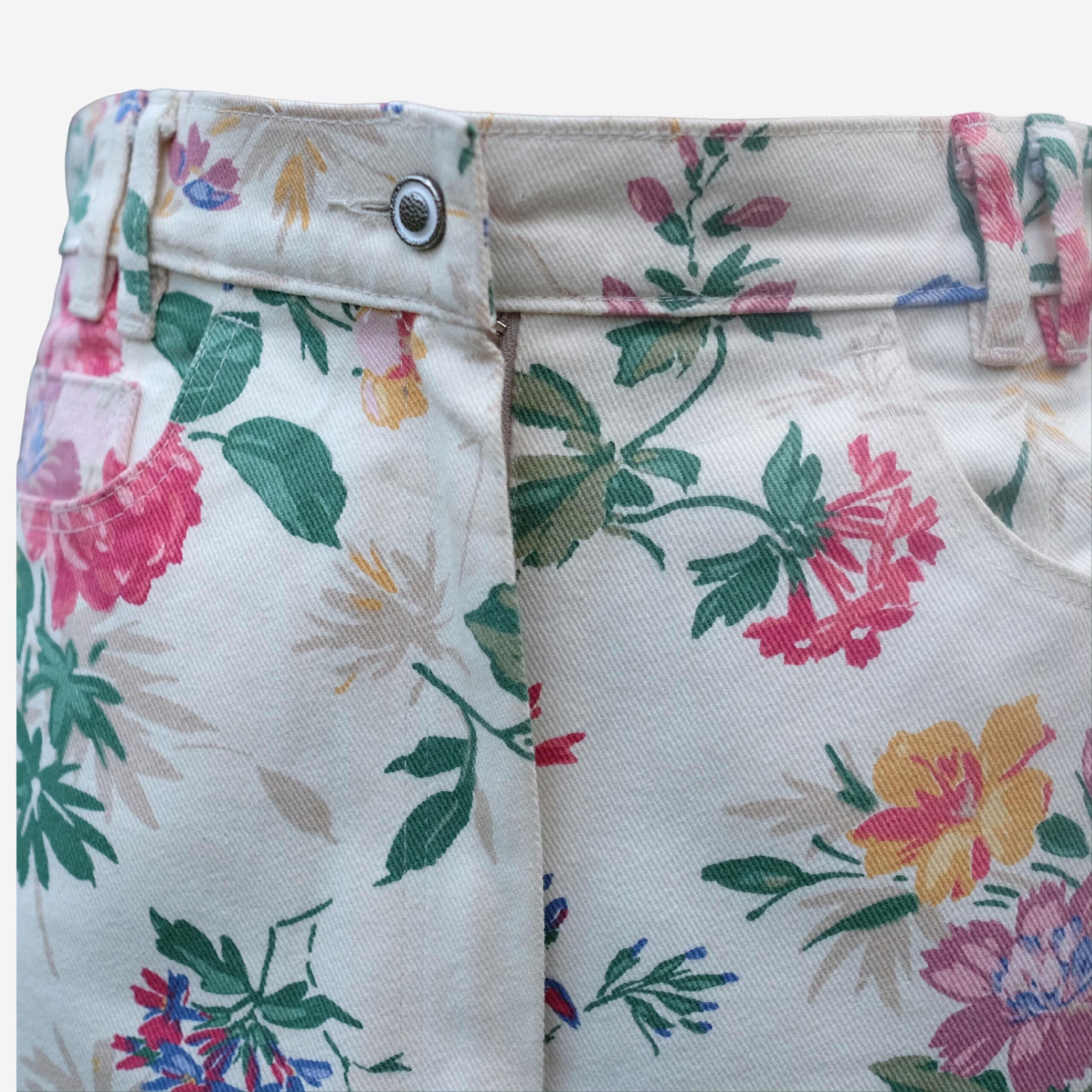 Vintage Floral Cream Denim Midi Pencil Skirt, EU38 - Image 3