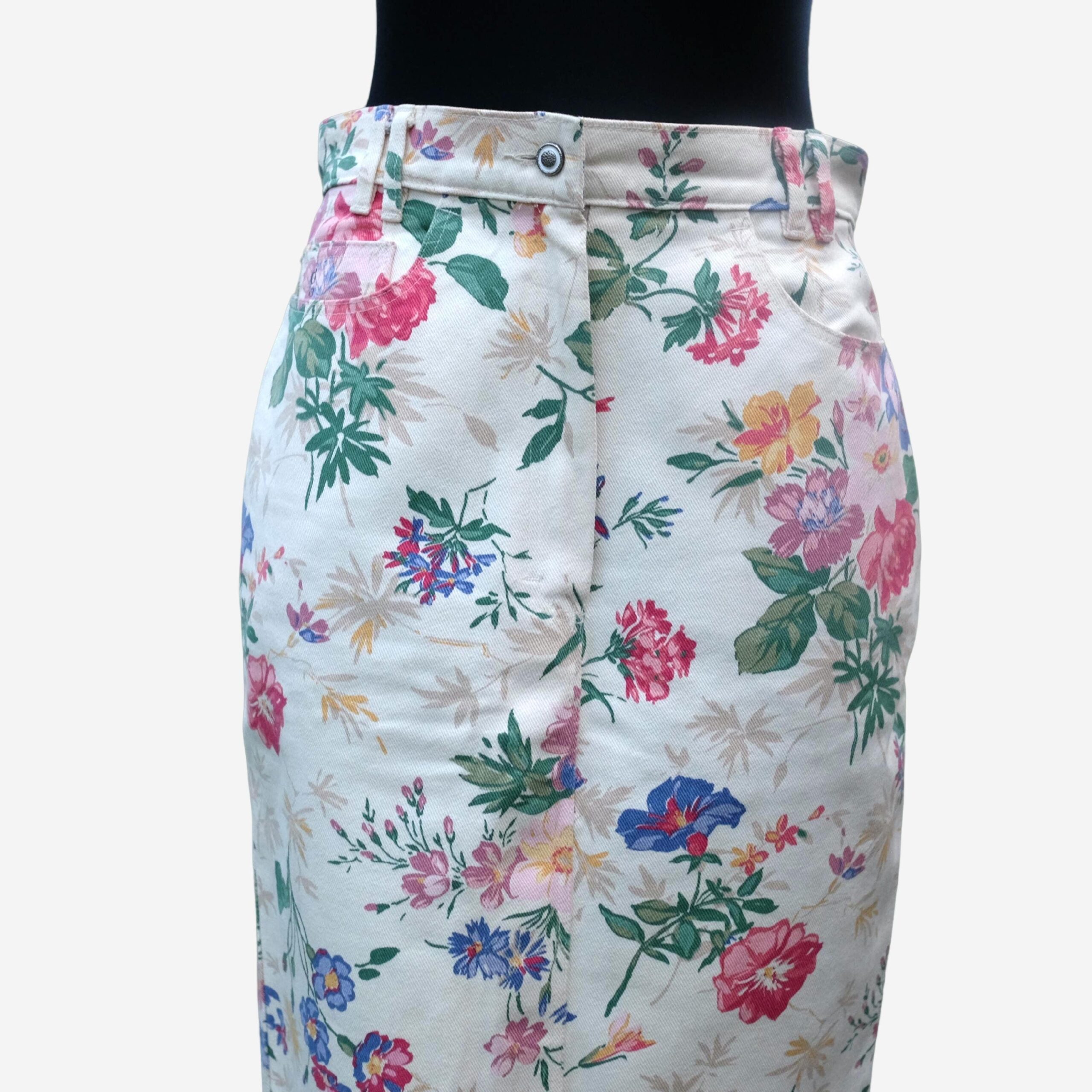 Vintage Floral Cream Denim Midi Pencil Skirt, EU38 - Image 4