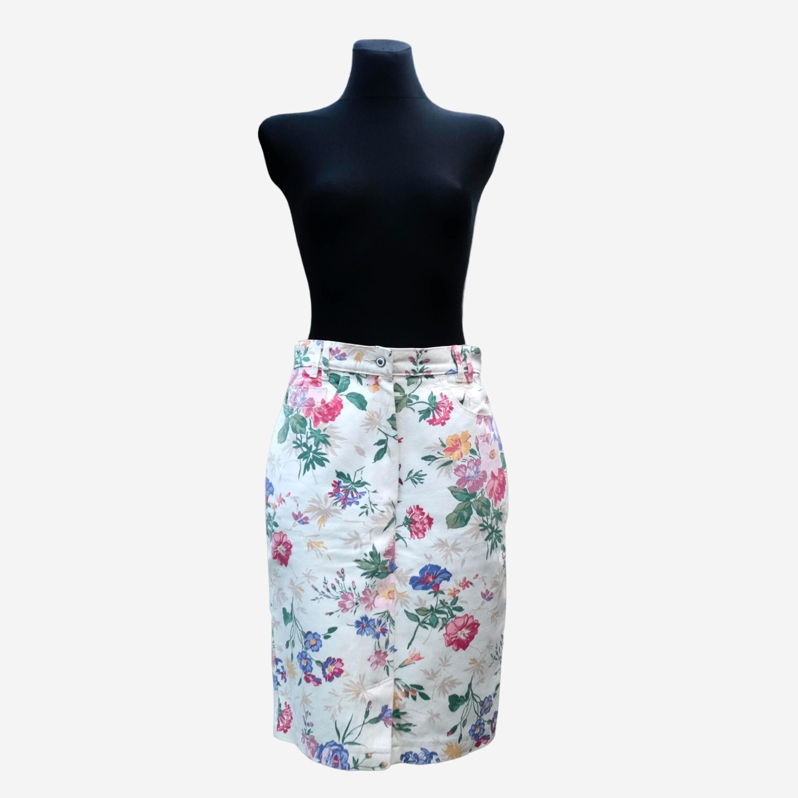 Vintage Floral Cream Denim Midi Pencil Skirt, EU38 - Image 5