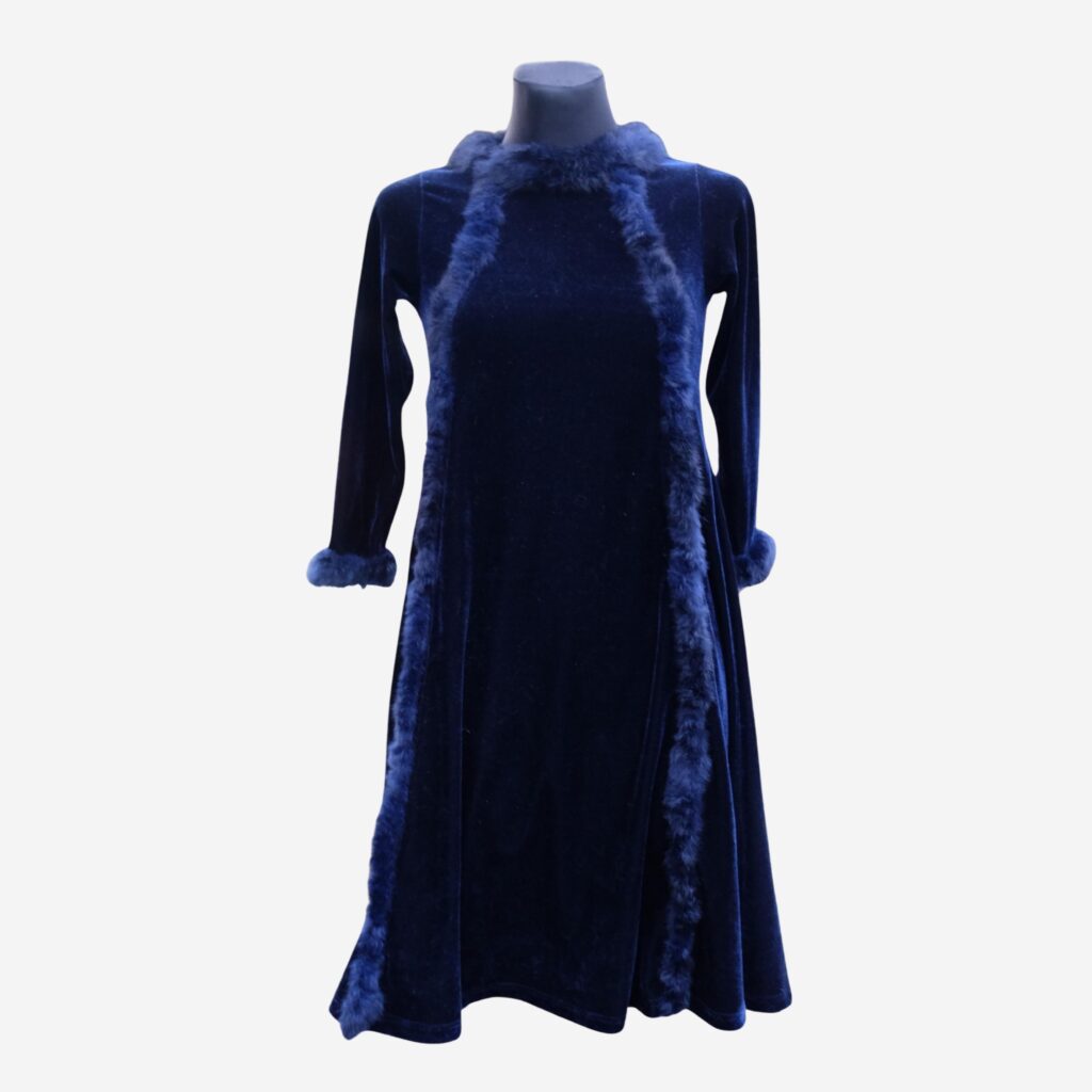 Vintage Girls Blue Velvet Dress with Fake Fur Trim, Christmas Dress, New Year's Eve dress,  Girls Size10/140