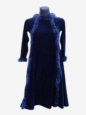 Vintage Girls Blue Velvet Dress with Fake Fur Trim, Christmas Dress, New Year's Eve dress, Girls Size10/140