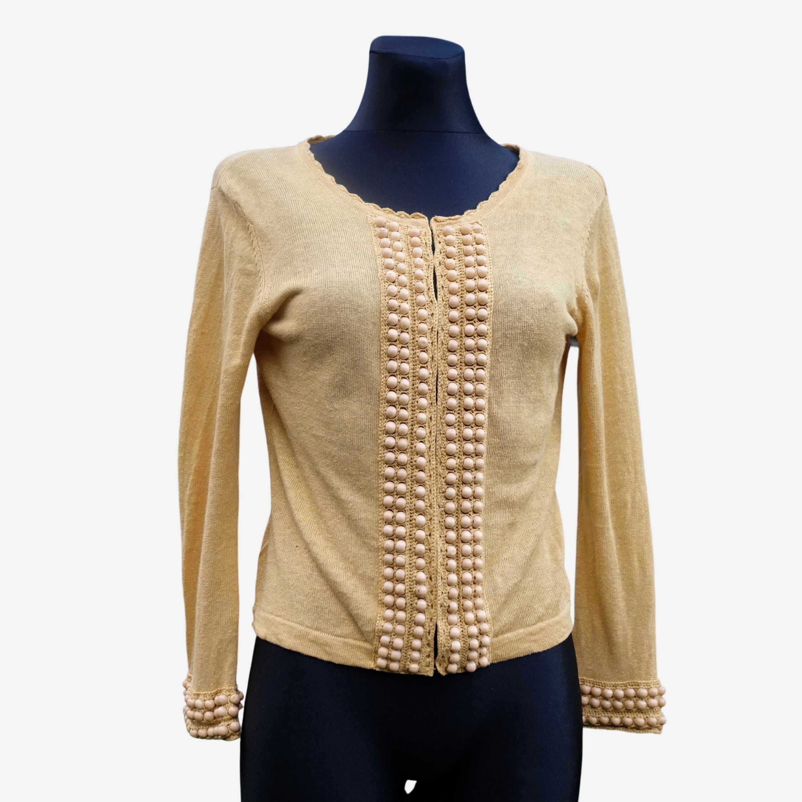 Vintage Boho Yellow Linen Cardigan with Beads
