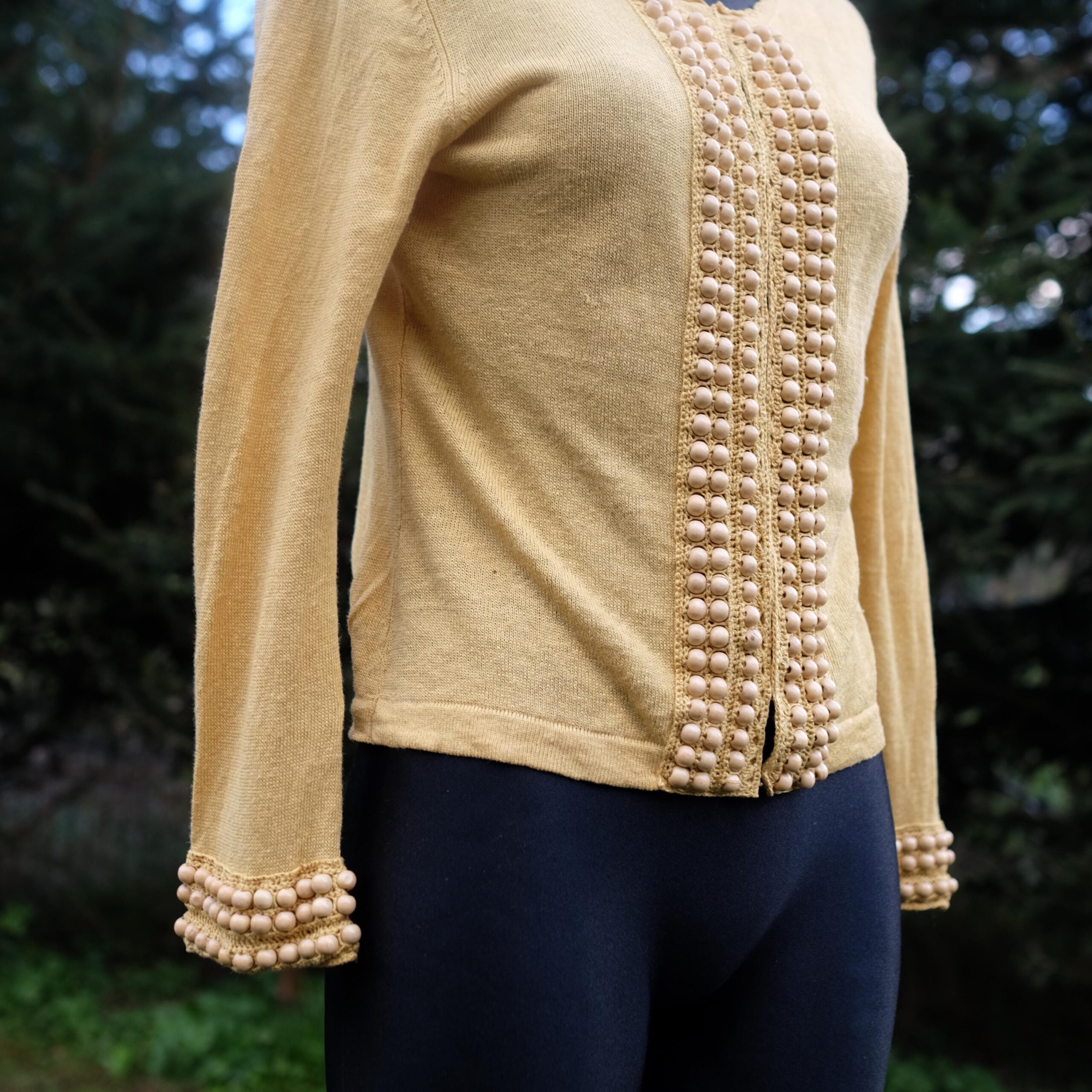 Vintage Boho Yellow Linen Cardigan with Beads - Image 5