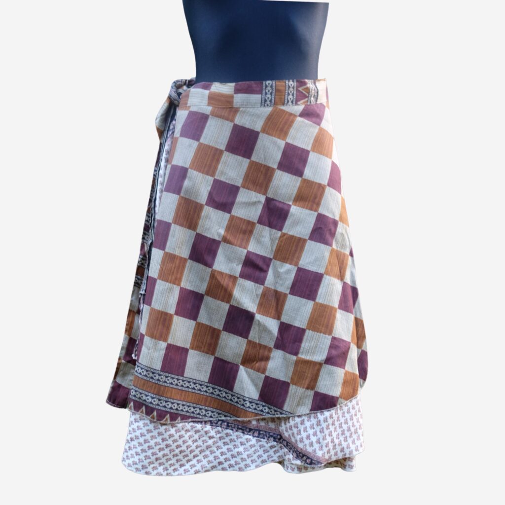 Vintage Boho Oriental Wrap Silk Midi Skirt, Check Skirt in Earth Colours