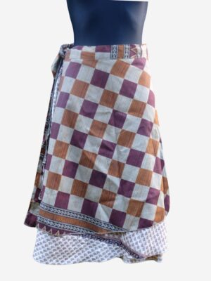 Vintage Boho Oriental Wrap Silk Midi Skirt, Check Skirt in Earth Colours