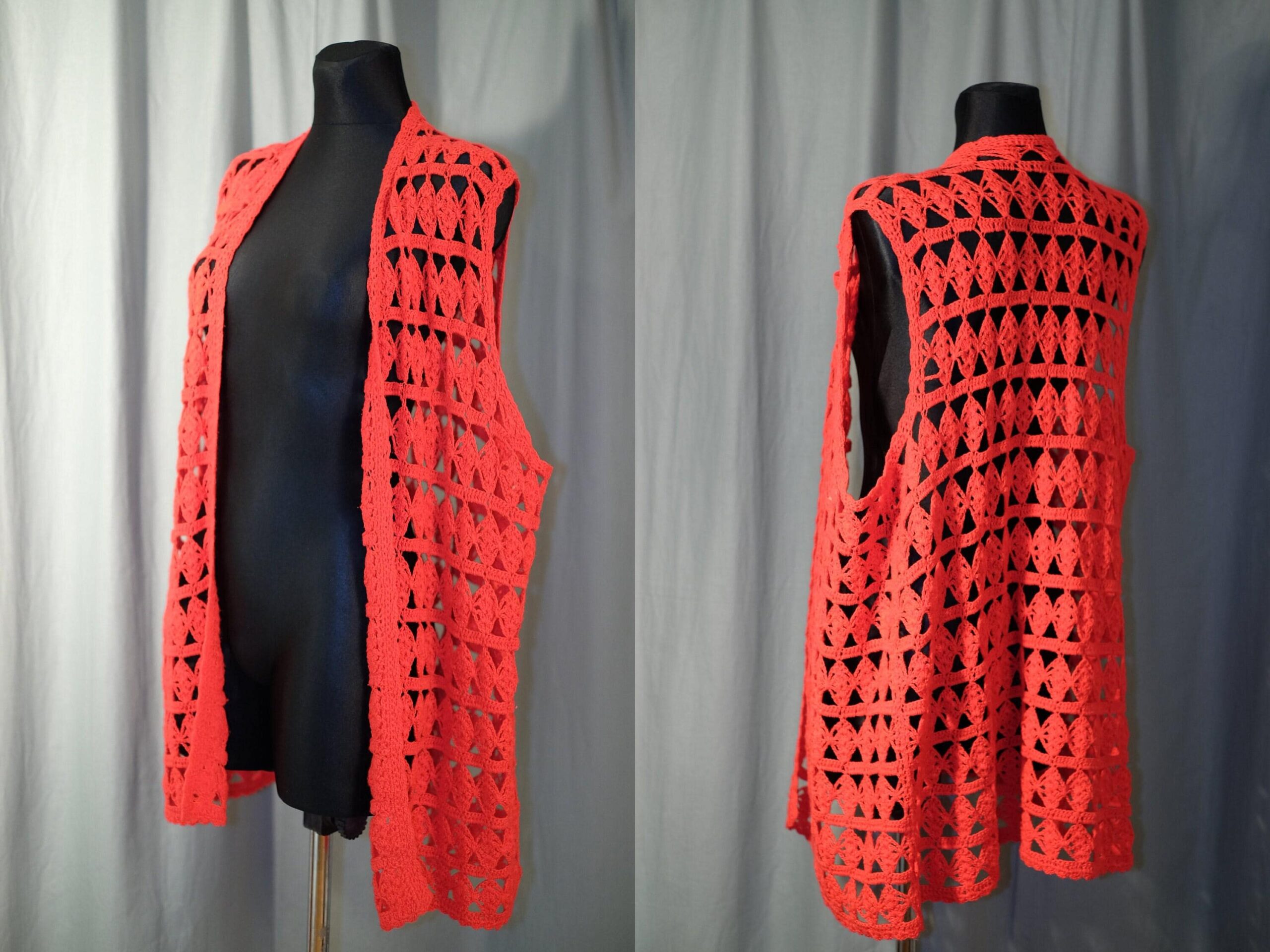 Vintage Red Hand Knitted Boho Hippie Summer Festival Crocheted Vest - Image 2