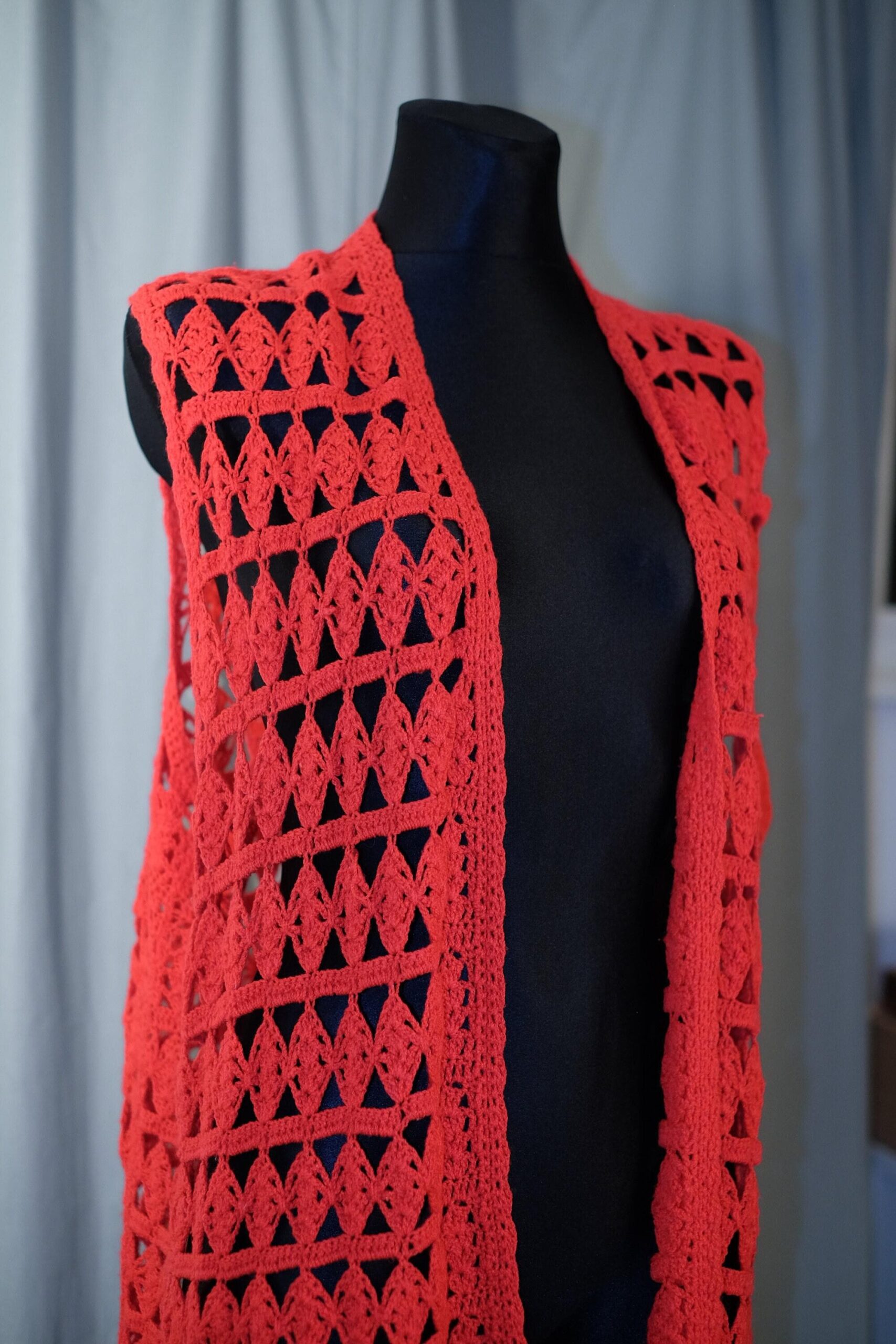 Vintage Red Hand Knitted Boho Hippie Summer Festival Crocheted Vest - Image 5