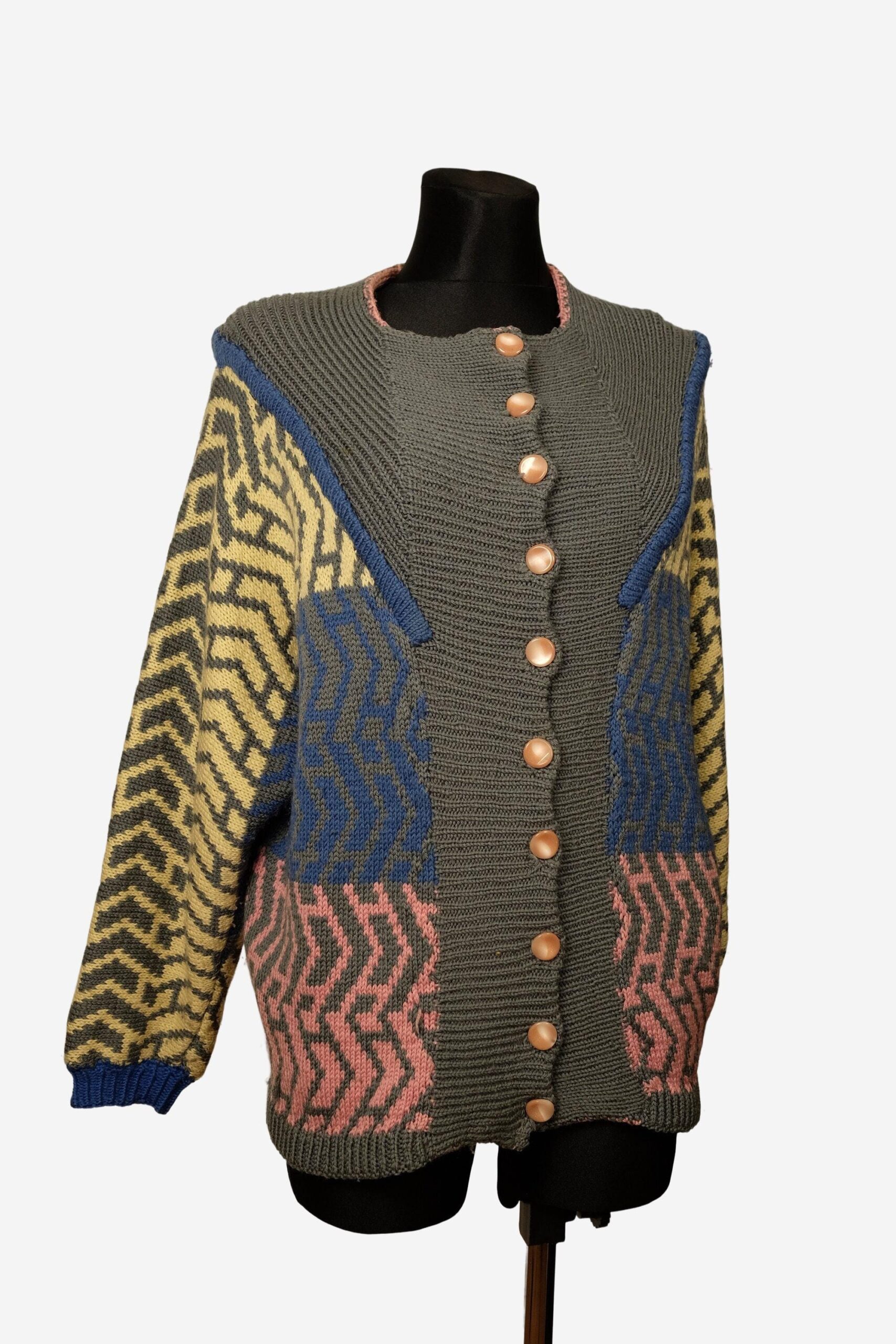 Vintage Geometric Pattern Multicolour Chunky Cardigan