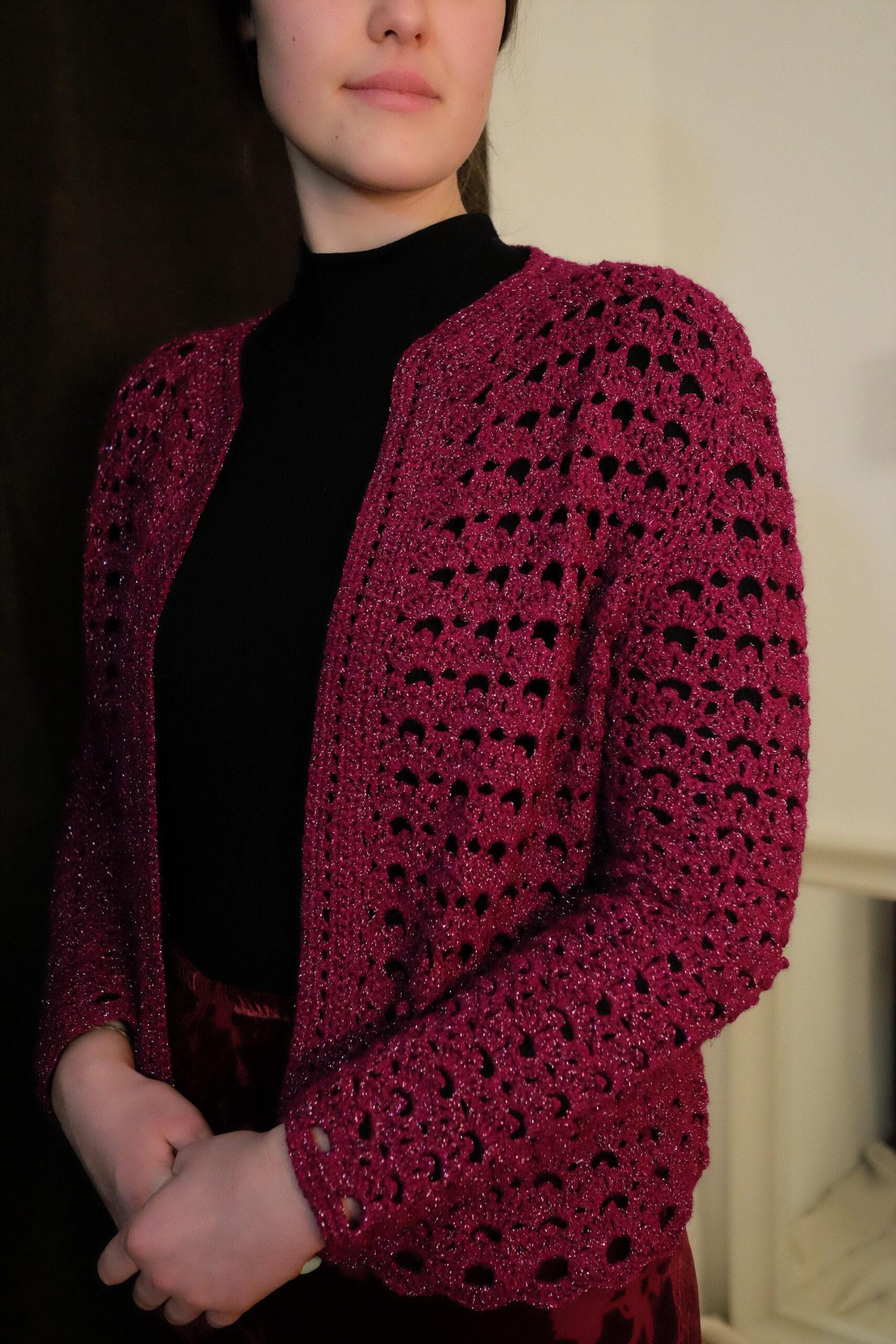 Vintage Fuchsia Crochet Cardigan - Image 3