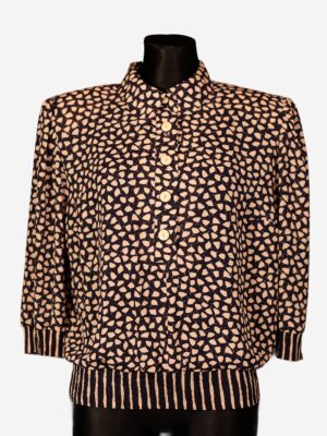 90s Vintage Black Pink Collared Button Up Leaves Pattern Blouse