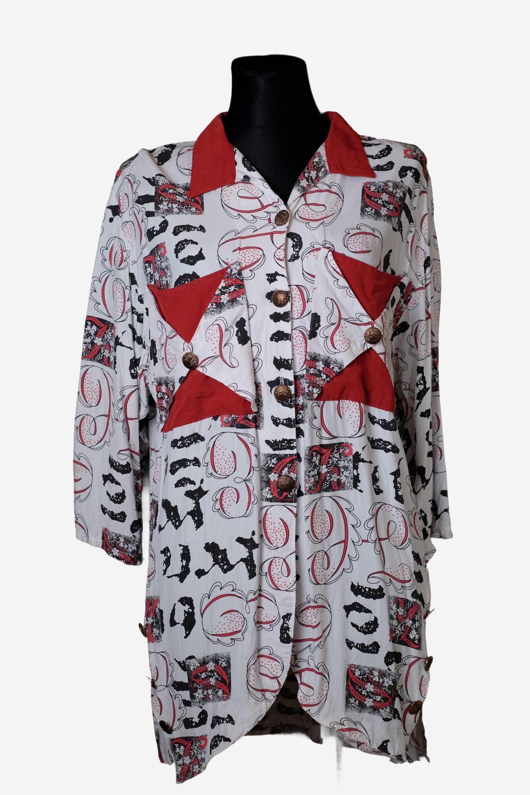 90s Vintage Bold Print Shirt, in contrasting White Red Black colors