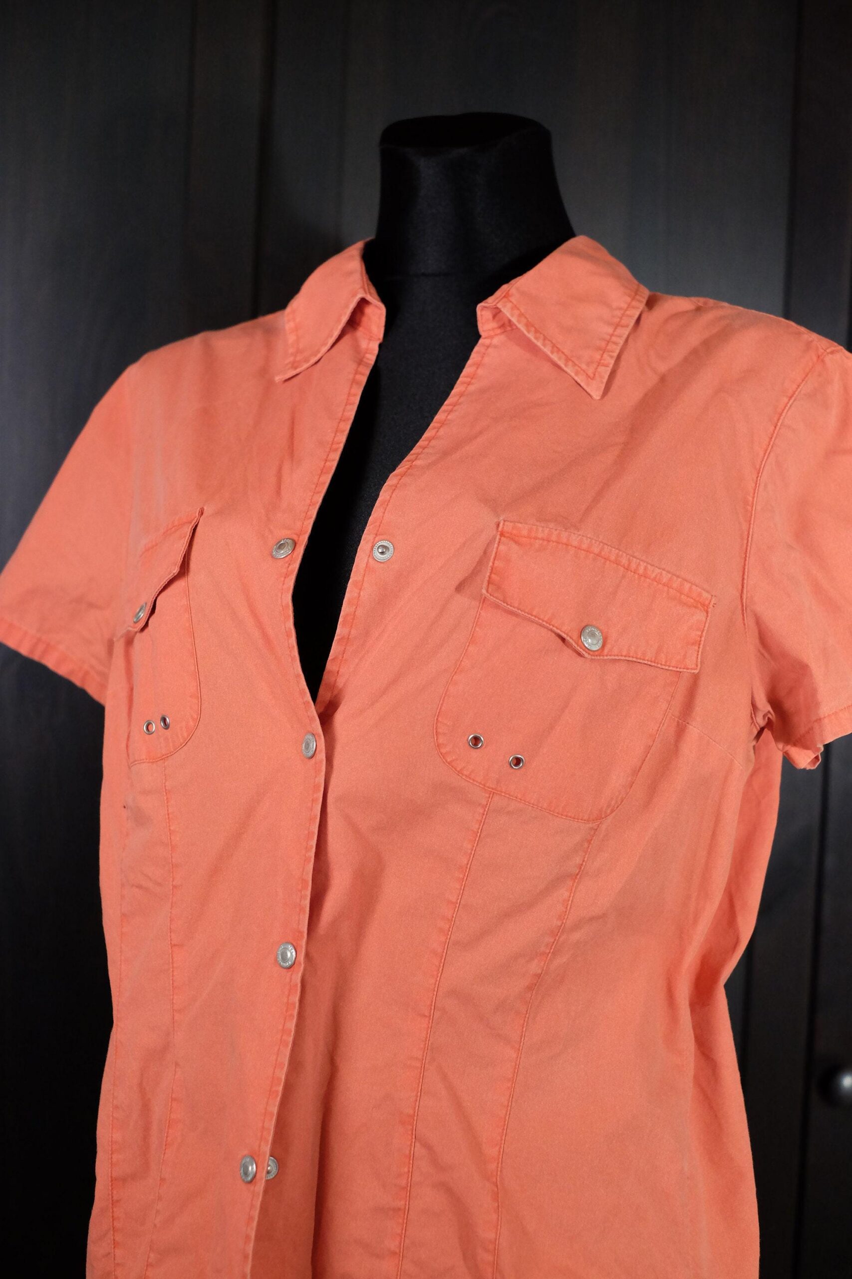 90s Vintage Sportsy Orange Shirt, Button up Collared Short Sleeved Cotton Blouse - Image 2