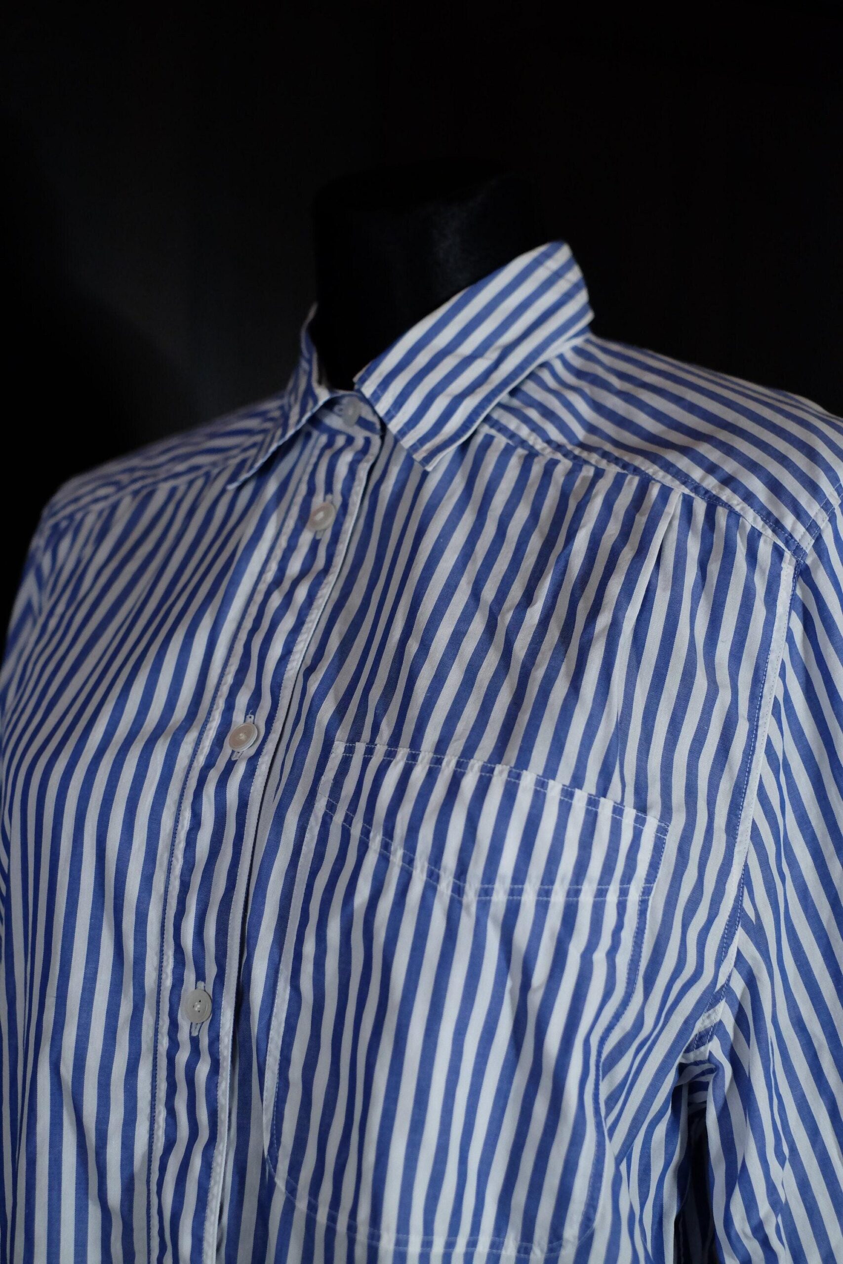 Blue White Striped Smart Shirt, Button Up Collared Long Sleeved Blouse - Image 2