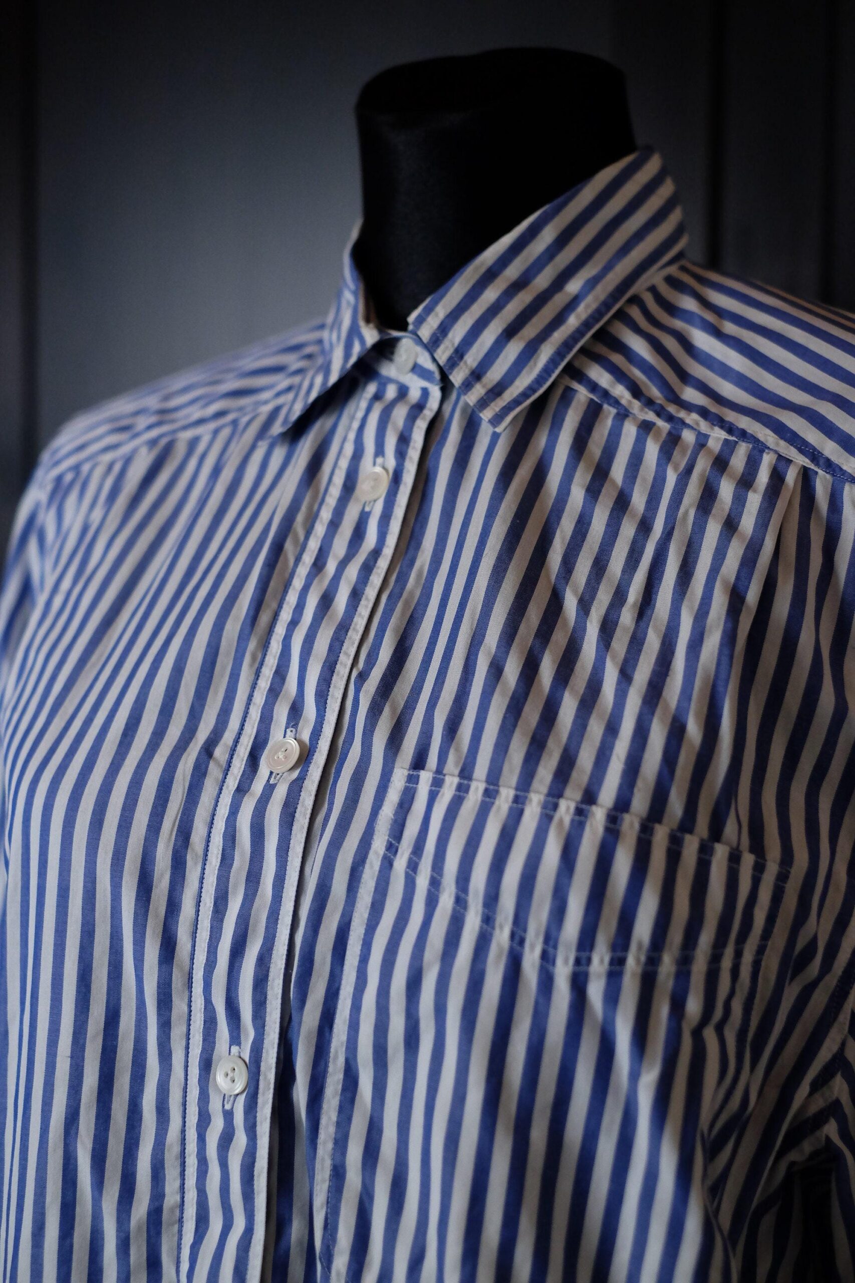 Blue White Striped Smart Shirt, Button Up Collared Long Sleeved Blouse - Image 4
