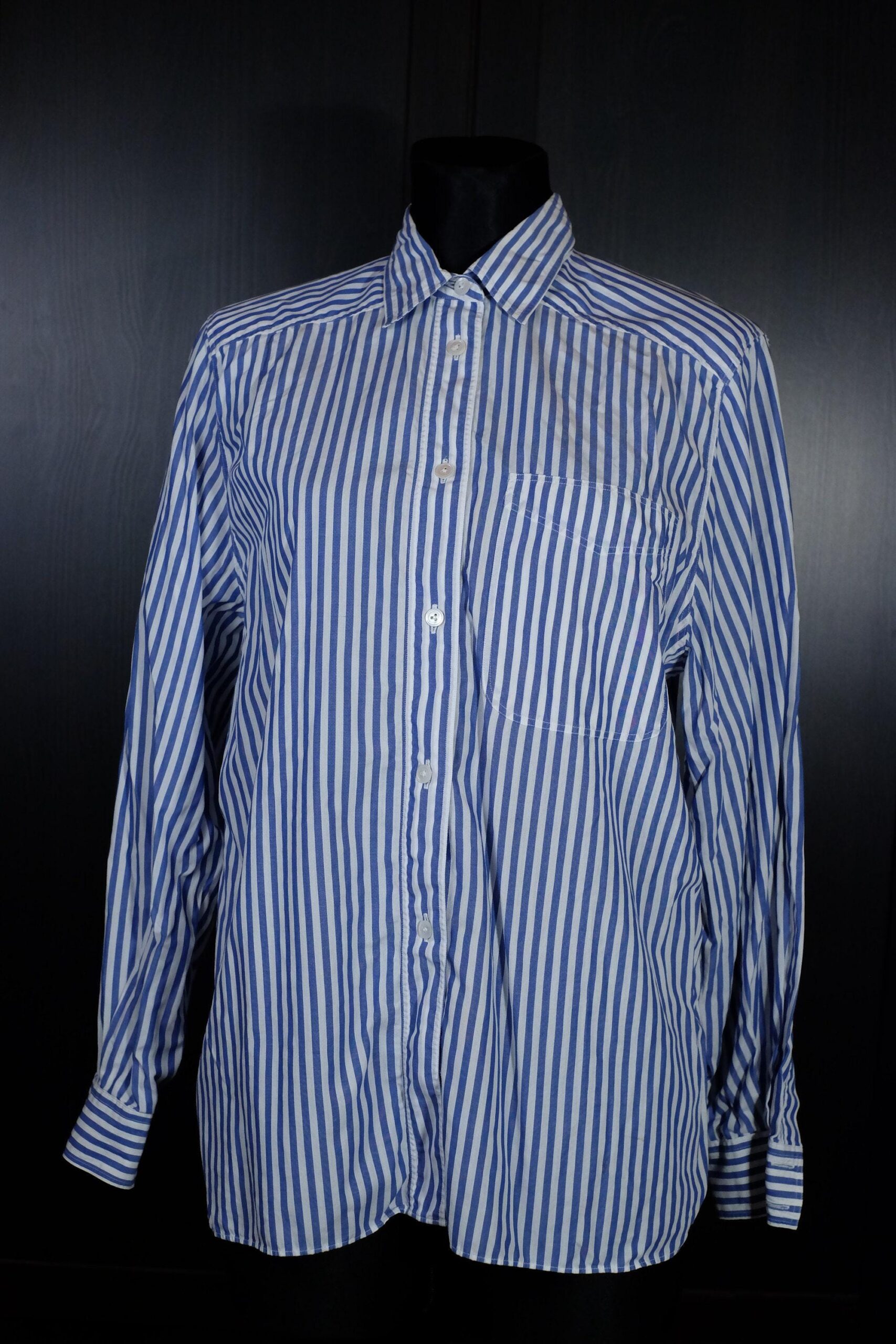 Blue White Striped Smart Shirt, Button Up Collared Long Sleeved Blouse - Image 6