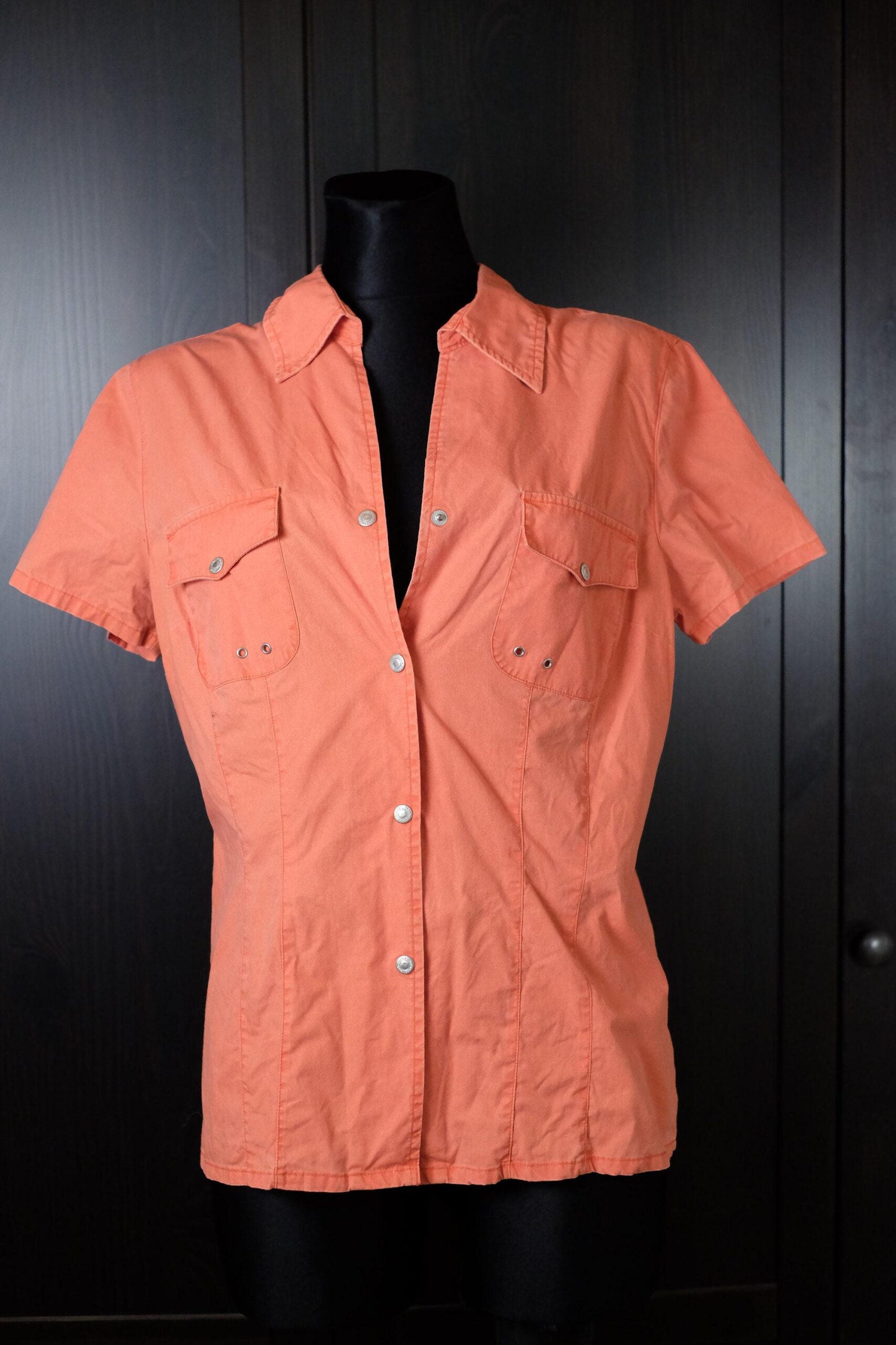 90s Vintage Sportsy Orange Shirt, Button up Collared Short Sleeved Cotton Blouse - Image 7
