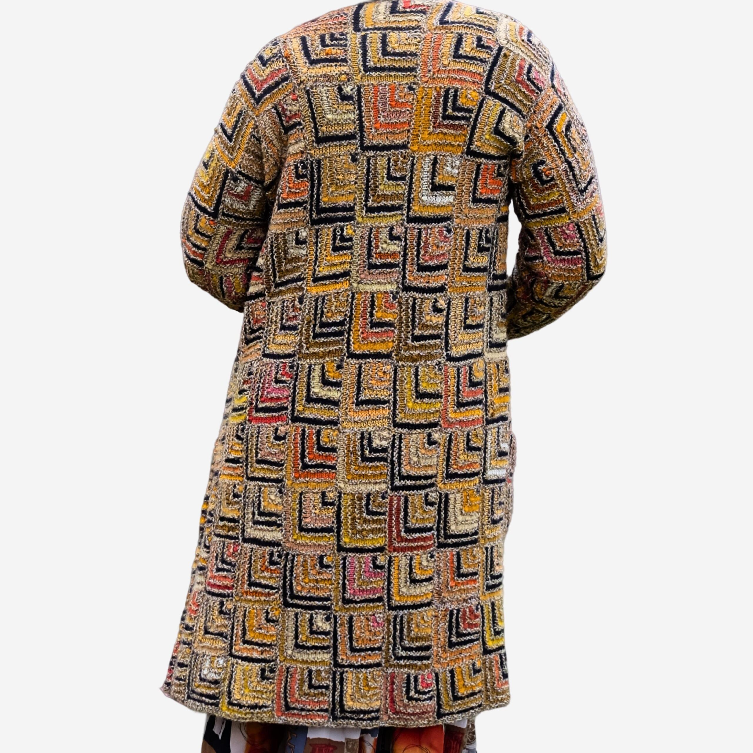 Long Boho Vintage Maxi Cardigan in Gold Geometrical Design, Very Hippie Ethno Vibes, Luisa Spagnoli
