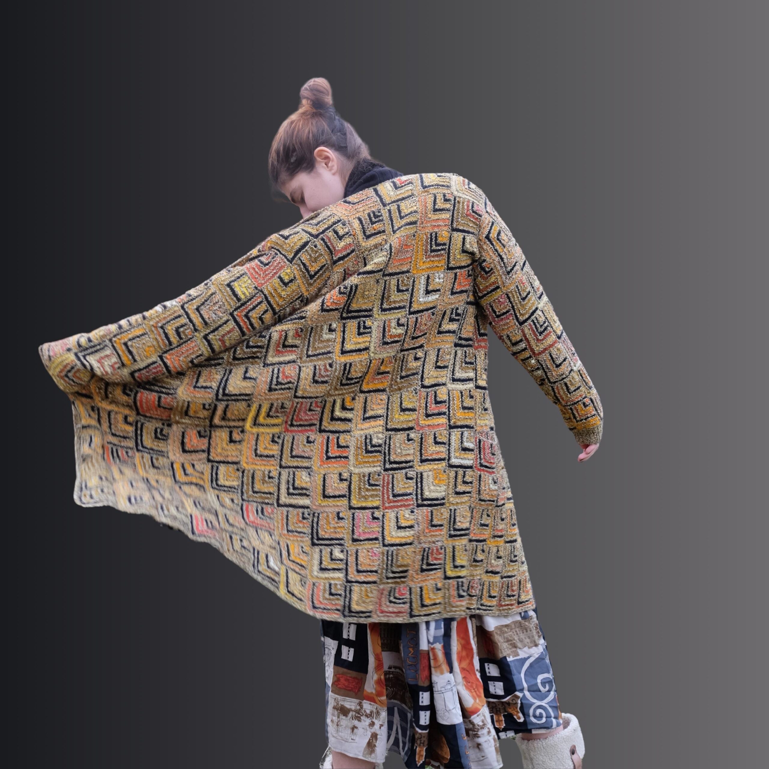 Long Boho Vintage Maxi Cardigan in Gold Geometrical Design, Very Hippie Ethno Vibes, Luisa Spagnoli - Image 3