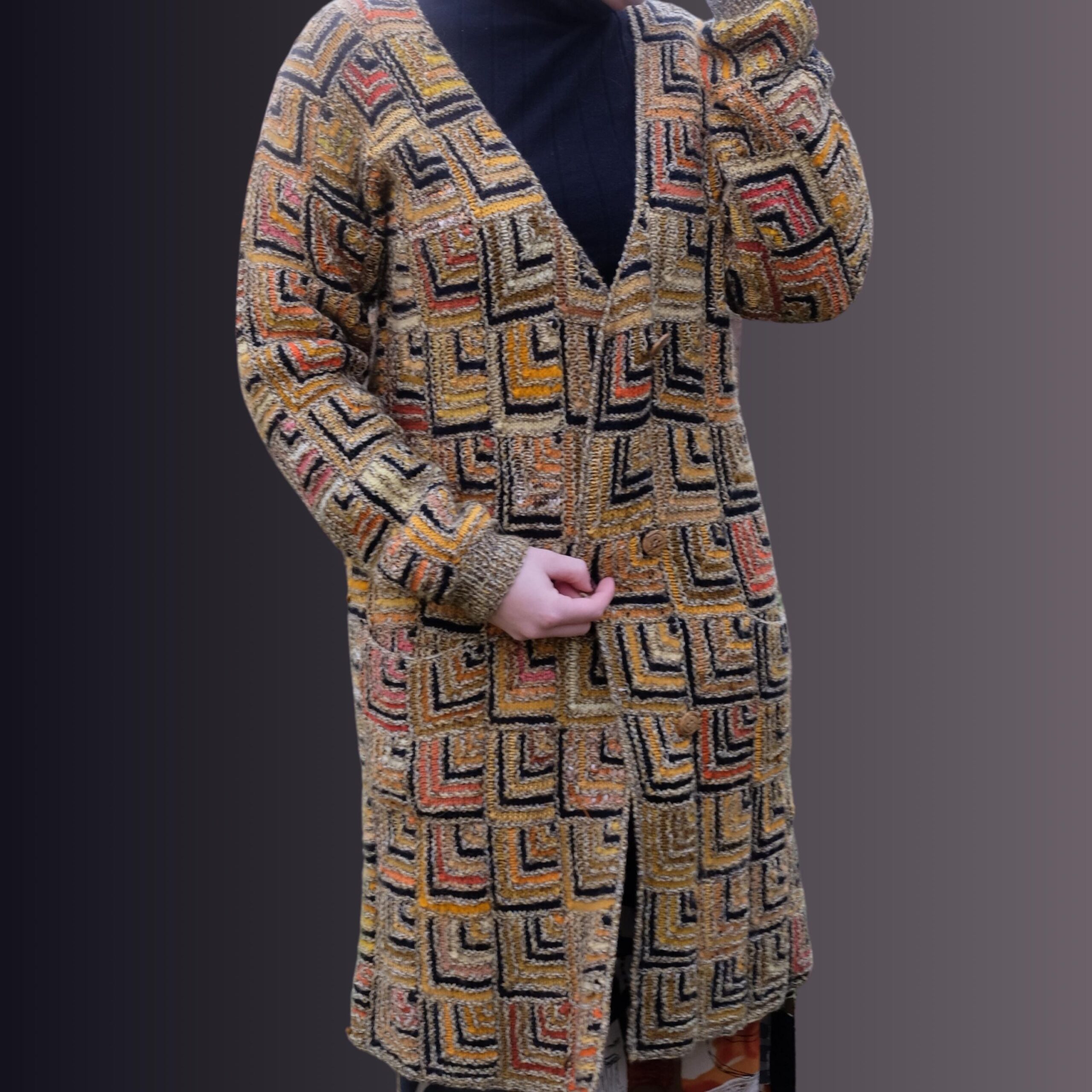 Long Boho Vintage Maxi Cardigan in Gold Geometrical Design, Very Hippie Ethno Vibes, Luisa Spagnoli - Image 5