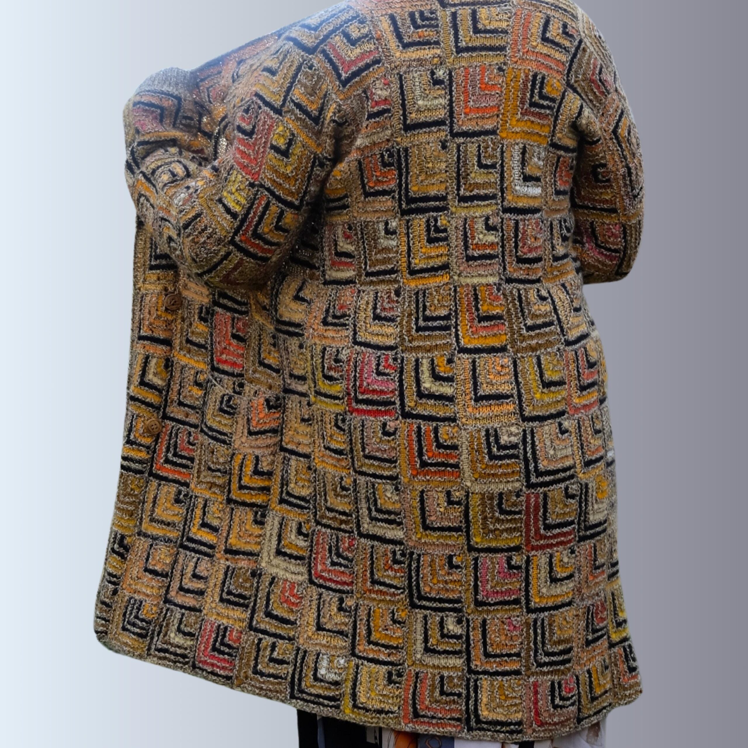 Long Boho Vintage Maxi Cardigan in Gold Geometrical Design, Very Hippie Ethno Vibes, Luisa Spagnoli - Image 8