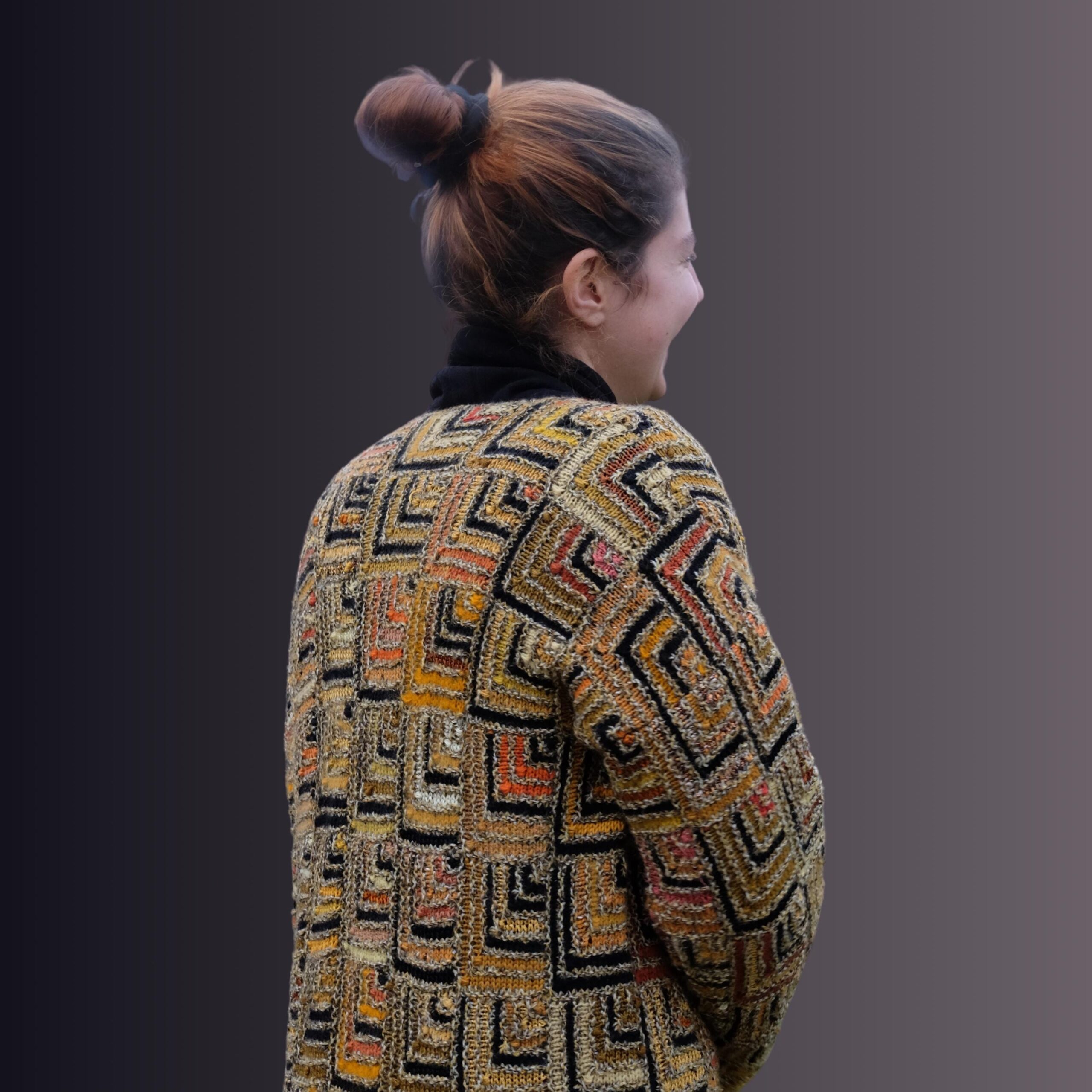 Long Boho Vintage Maxi Cardigan in Gold Geometrical Design, Very Hippie Ethno Vibes, Luisa Spagnoli - Image 9