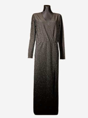 Vintage Black Metallic Dress, Deep V Maxi Long Sleeved Evening Gown